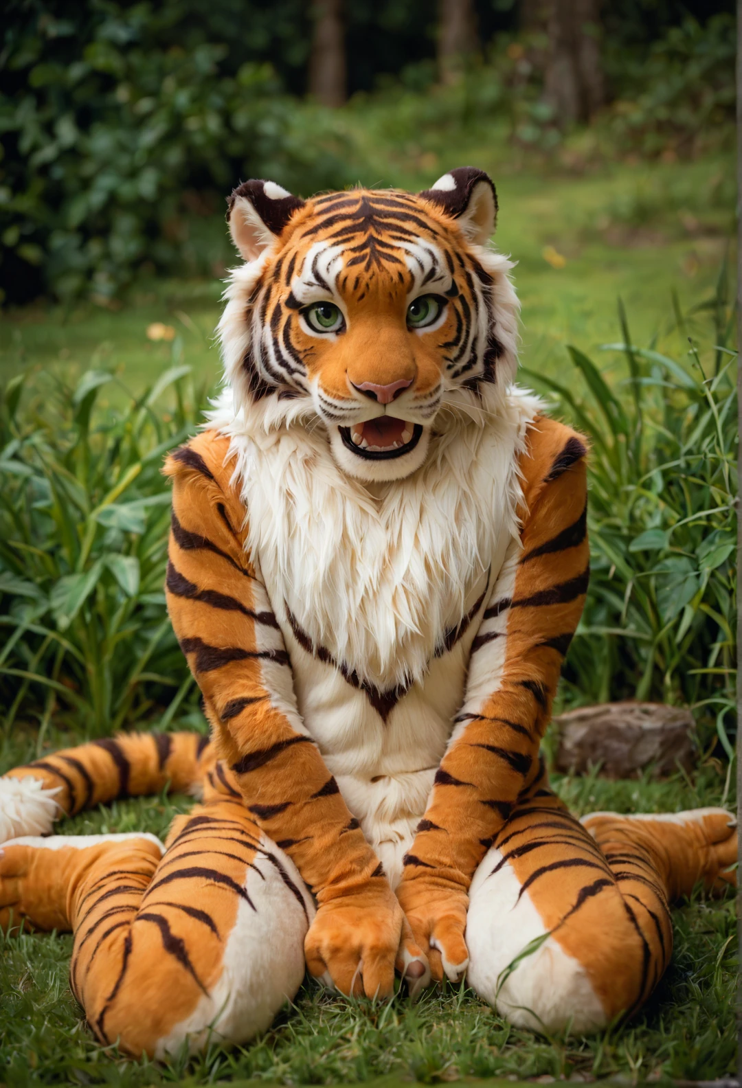NSFW, RAW photo, uhd, dslr, high quality, realistic, photo realistic, dreamlikeart, porn, lens flare, upper body, looking at viewer, animal focus, nudity, full body, naked, furry, nude, fursuit, nude fursuit, nudefursuit, 1girl, tiger, cute, kawaii, lovely, fur, fur head, pink nipples, nipples, narrow waist, navel, pussy, ((((skinny)))), (((flat chest))), slim, ((slim body)), (shiny skin), tiger ears, ((paw)), ((paw shoes)), fur trim, fur collar, red eyes,
