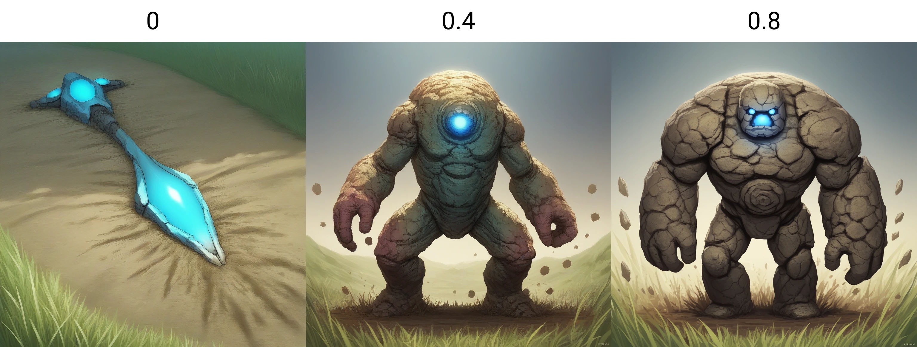 score_9, score_8_up, score_7_up, score_6_up, score_5_up, score_4_up, zPDXL2,source_anime,rating_questionable, <lora:Golems:0> gol3em, no humans, earth golem, dirt golem, grass, crops, glowing blue eyes,