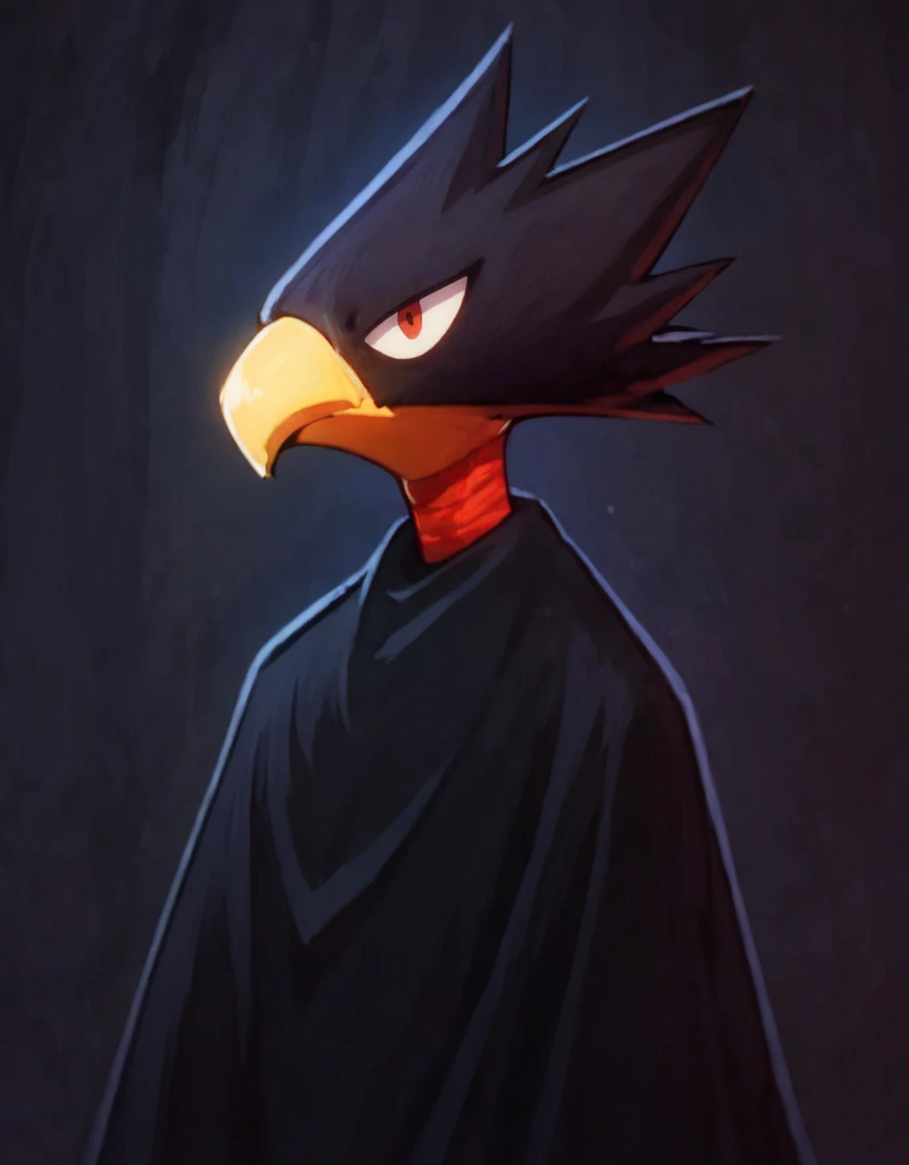 score_9, score_8_up, score_7_up, score_6_up, <lora:Tokoyami_Fumikage:1>
Tokoyami fumikage, solo, hyperdetailed, hyper realistic, masterpiece, yellow beak, ((full figure)), black cloak, lateral view,