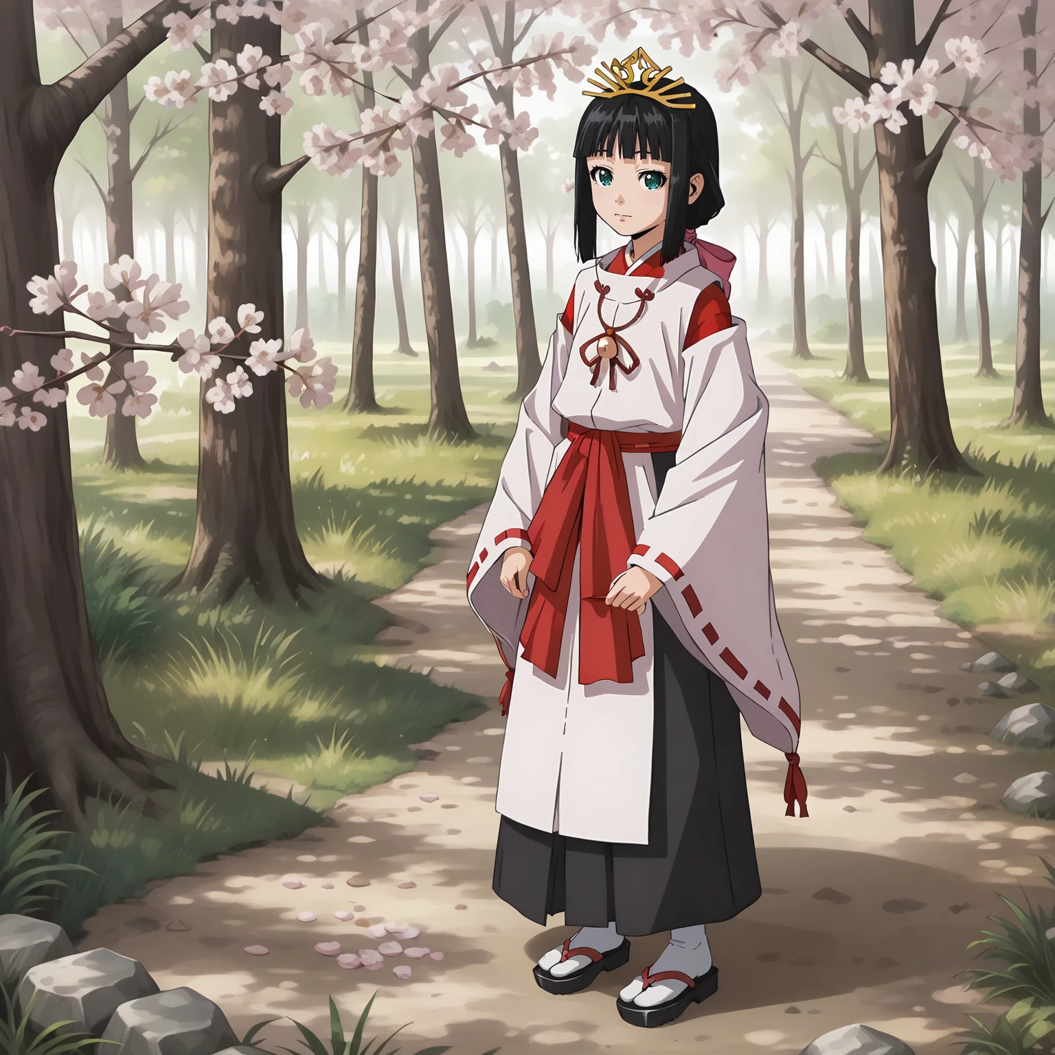 <lora:TES_ShizukuXLpony001:0.8>,
solo,
Shizuku,1girl,black hair,low ponytail,hair ribbon,green eyes,
tiara,
miko,
outdoors,realistic,nature,cherry blossoms,
full body,standing,