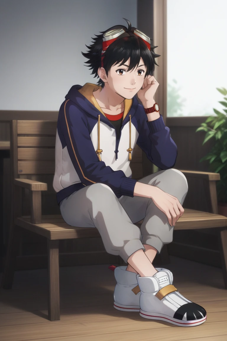 score_9, score_8_up, score_7_up, score_6_up, detailed, intricate details,best quality ,source_anime,
takuma momozuka, black hair, brown eyes, blue hoodie, black shirt, 1boy, male focus, grey pants, shoes, closed mouth,smile, sitting, shirt, watch, long sleeves, wristwatch, goggles on head, white footwear<lora:EMS-421709-EMS:1.000000>