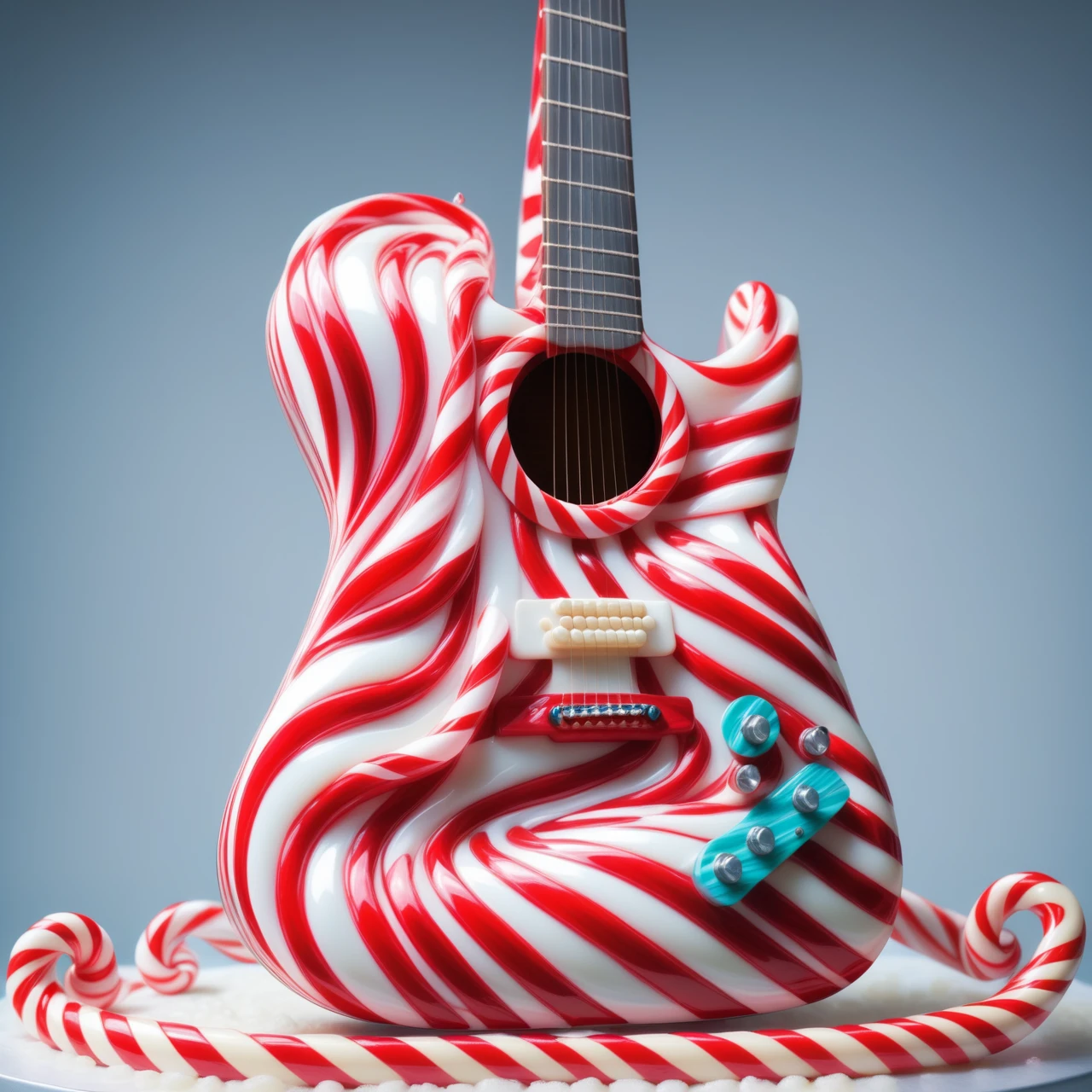 a Guitar made out of Jed-Cndcne , masterpiece, UHD, sharp and in focus  ,<lora:CandyCaneStyle-000005:1>