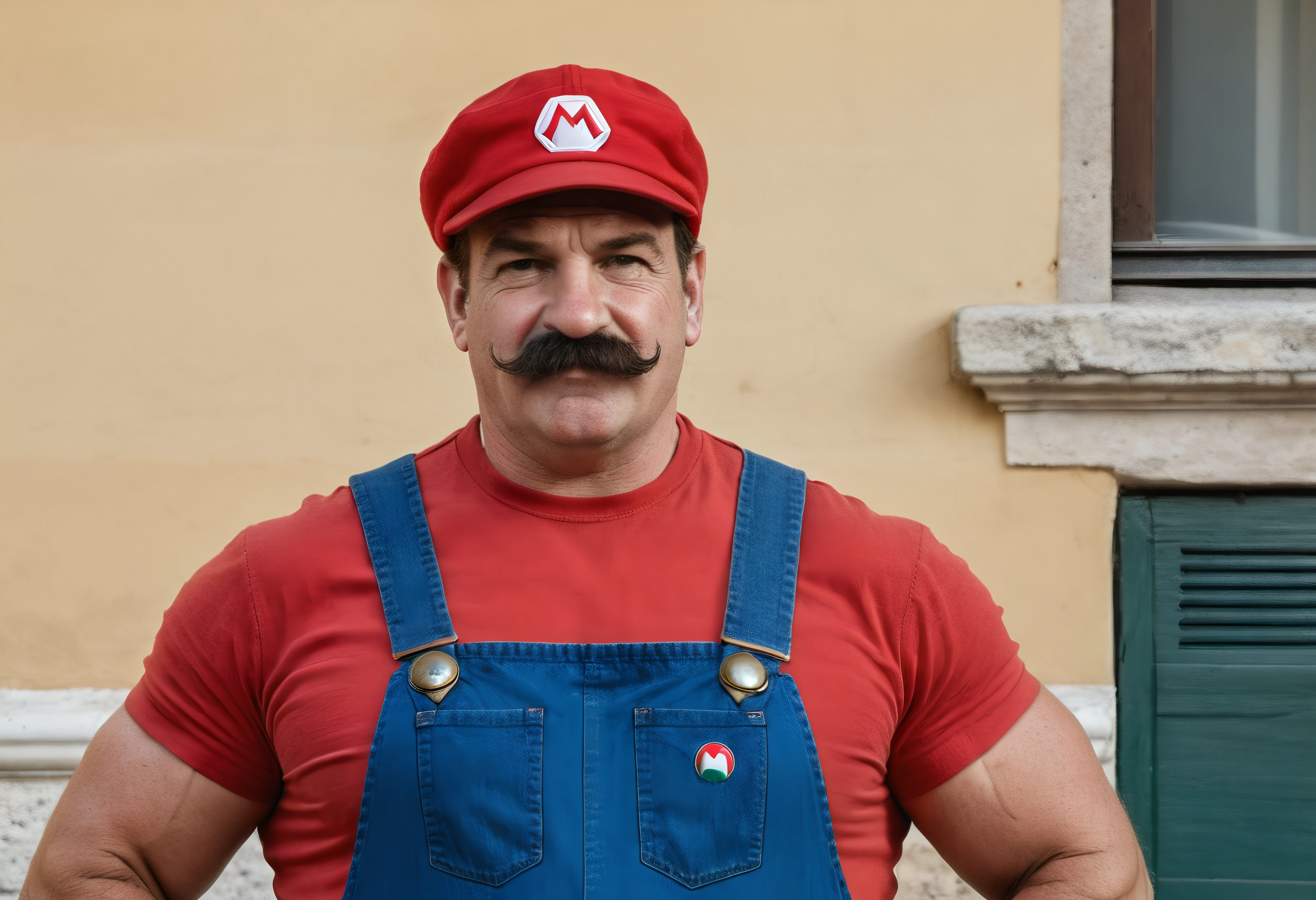 Mario in Italy, red shirt, blue overalls, red cap, manly, muscular, posing, mustache, Italy, Rome, photograph, upper body, solo, fat man