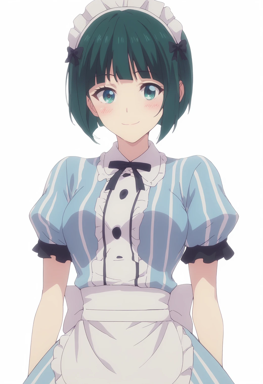 score_9,score_8_up,score_7_up,  masterpiece, best quality, white background, 1girl, solo <lora:DX888Shiragiku:1>ono shiragiku, green hair, bob cut, medium breast, waitress, maid headdress, waist apron, striped dress, light smile, blush,