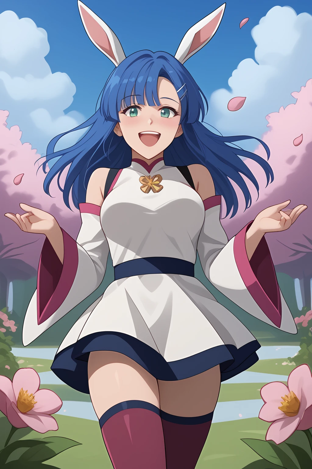 Luna has long, straight, blue hair with hime cut bangs. She has a small orb-looking hairclip on the right side which clips a small part of her hair. Her eyes are teal in color. She has long rabbit ears on her head. She is seen wearing a short white dress with red-pink designs and a cut out on her arms alongside full sleeves. Inside she wore a dark blue bodysuit. She wears decorative magenta boots.
(nsfw), (uncensored), (score_9), score_8_up, score_7_up, source_anime, cowboy shot, dynamic pose, 1 Female, solo, happy smile joy, blush, ashamed, shy, sexy, charming, alluring, seductive, enchanting, erotic,
((outdoors)), ((flower garden)), ((flowers)), ((many flowers)), spring petals, petals of flowers, spring, falling petals, flying butterflies<lora:EMS-423310-EMS:0.800000>