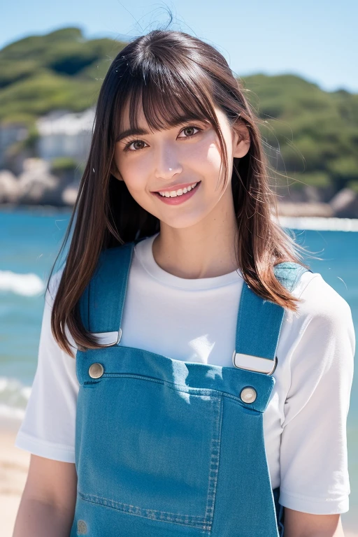 1girl, (masterpiece, RAW photo, best quality:1.4), (realistic, photo-realistic:1.4), extremely detailed, 8k wallpaper, ultra-detailed, highres, soft light, beautiful girl, young Japanese idol, (wavy long hair, bangs), brown eyes, (carefree smile:1.2), (overalls:1.4), walking on the sandy shore, daytime, relaxed aura, gravure photo, detailed eyes and face, perfect anatomy, shiny skin, detailed skin, (blurry background:1.1), professional lighting, shallow depth of field, vibrant colors, glossy finish, (medium-long shot:1.8),( background featuring a calm ocean, clear blue sky:1.2), soft pastel colors,  <lora:paytonnaomi_lora-v2_06:0.9>