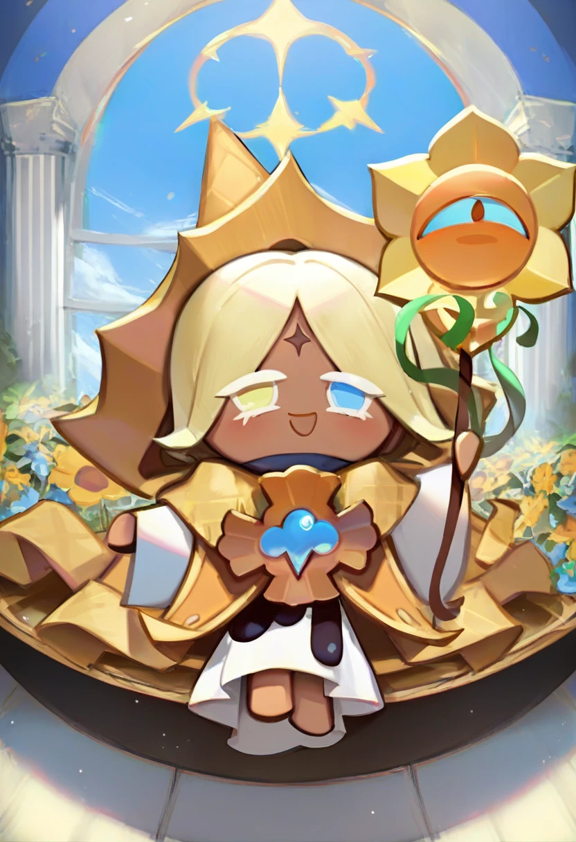 score_9, score_8_up, score_7_up, source_anime, extremely detailed BREAK
church
1boy, PureV4n1ll4C00k1e, hat, robe, cloak, blonde hair, holding, sunflower staff, dark skin, no shoes, no socks, chibi
smile, looking at viewer, heterochromia, sitting, bench, (blush:1.2), happy, reaching towards viewer, 
detailed background, beautiful scenery <lora:PureV4n1llaC00k1e:1>
<lora:add-detail-xl:1>