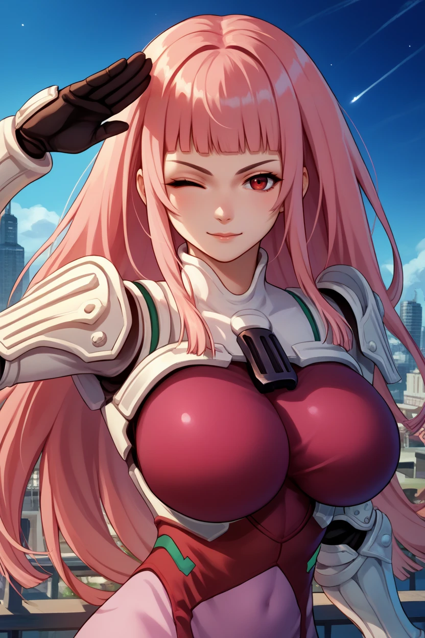 score_9, score_8_up, score_7_up, score_6_up, source_anime, 1girl, solo,   <lora:zoeken-pdxl-nvwls-v1-000008:1> zoeKen, pink hair, long hair, blunt bangs, red eyes, pink bodysuit, black gloves, shoulder pads, gauntlets, large breasts, salute, blue sky, wink, city, night sky, looking at you