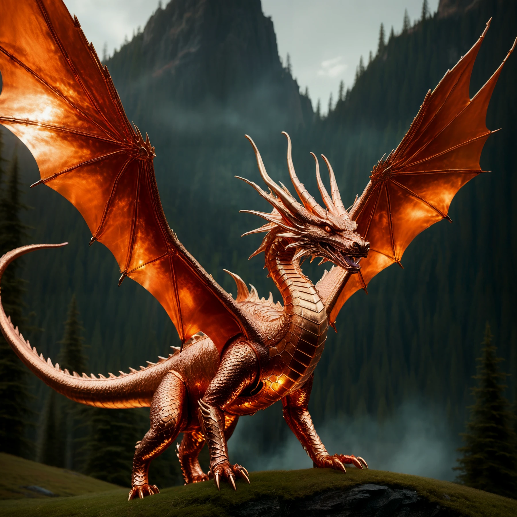 A copper dragon flying through the air and breathing fire.

<lora:MadeOfCopper01_CE_SDXL:0.4>