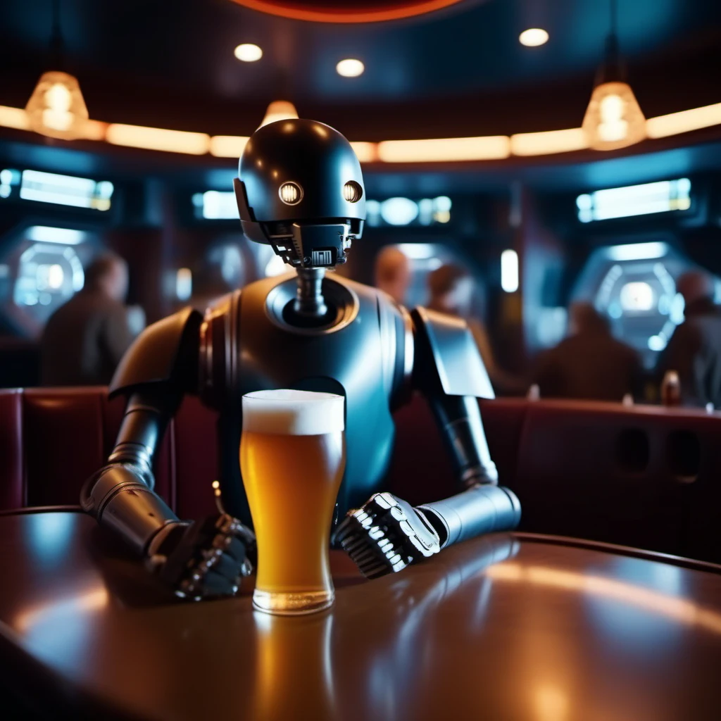 cinematic photo robot, solo, no humans, having a beer in a spaceship pub  <lora:K2SO:0.8> . 35mm photograph, film, bokeh, professional, 4k, highly detailed