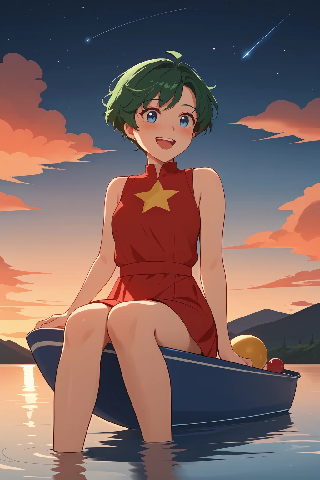 Kuremu, Green Hair, Short Hair, Blue Eyes, Red Short Dress, Red Short Boots,In Dusk, In Sunset, Sitting On Gourd-Type Boat, In Lake, Star-Type Leaf, Falling Star-Type Leaf, (nsfw), (uncensored), (score_9), score_8_up, score_7_up, source_anime, cowboy shot, dynamic pose, 1 Female, solo, happy smile joy, blush, ashamed, shy, sexy, charming, alluring, seductive, enchanting, erotic<lora:EMS-421550-EMS:0.800000>