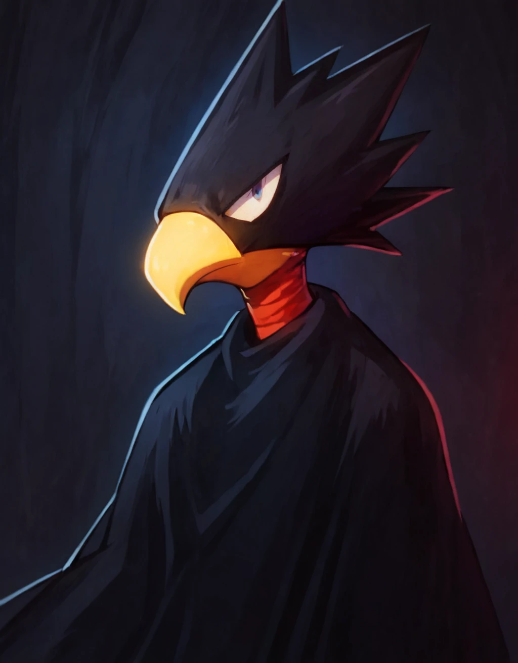 score_9, score_8_up, score_7_up, score_6_up, <lora:Tokoyami_Fumikage:1>
Tokoyami fumikage, solo, hyperdetailed, hyper realistic, masterpiece, yellow beak, ((full figure)), black cloak,