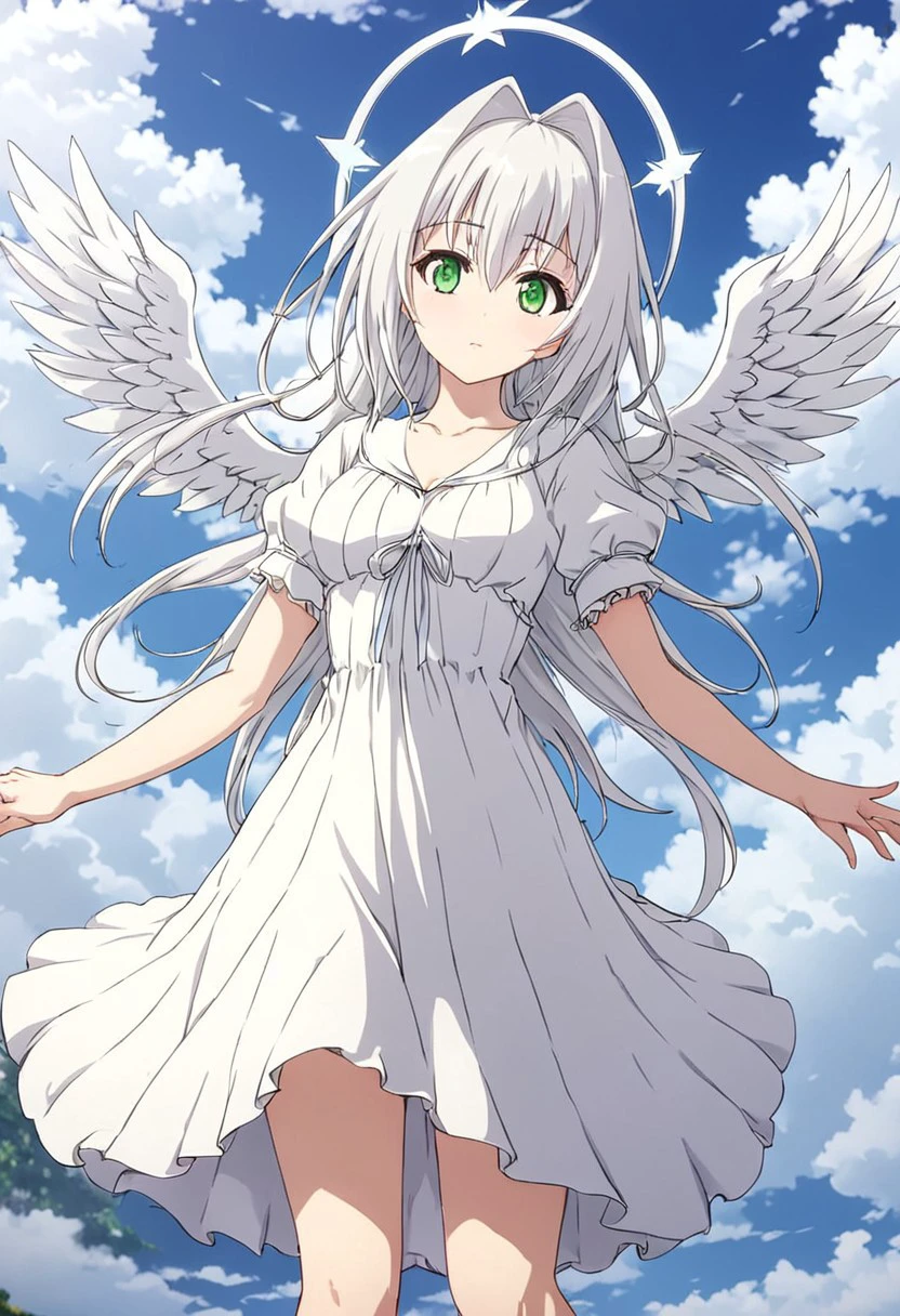 (extremely detailed CG unity 8k wallpaper),eye catching,(masterpiece), (best quality), (ultra-detailed), extremely detailed,(best illustration), an extremely delicate and beautiful ,CG ,unity ,8k wallpaper,solo, masterpiece, best quality, 1girl, emilia hermit, long silver hair, green eyes, angel, white dress, angel wings, halo, sky, clouds, flying, floating, dynamic angle,  score_4_up, score_anime, score_realstic