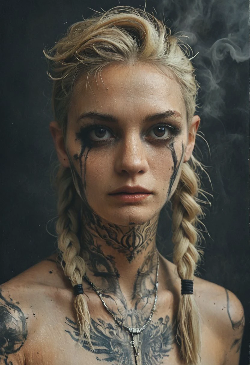 score_9, score_8_up, score_8, score_9, score_8_up, Horror-themed portret photo  of nordic woman, cute slim face,  (dark smoke eyes makeup:1.2), war face paint, mohawk blonde haircut wit thin braids, (runes  tattoos on neck:1.3),  (detailed dirty skin:1.3) shiny, (epic battleground backgroun :1.2), bokey, vigneting, (high contrast:1.3)  <lora:XSfenlie:1> fenliexl, mixed media, surrealism