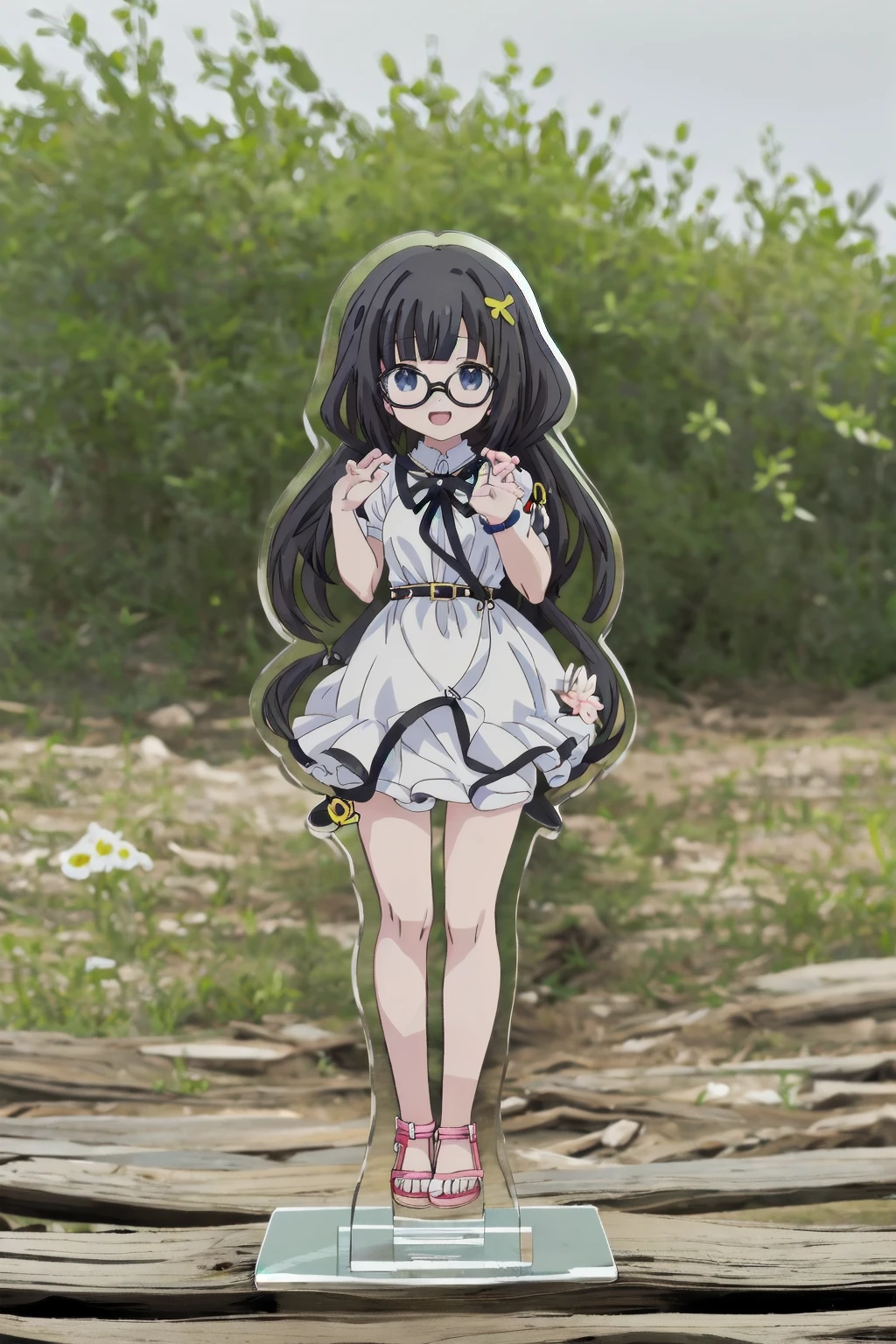 masterpiece, best quality, very aesthetic, absurdres,
(acrylic stand), cut shape character, (anime-style character acrylic stand. The acrylic stand is cut to the shape of the character),
1girl, solo, glasses, black hair, long hair, white dress, sandals, standing, happy, smile, open mouth, blurry background, outdoors,
<lora:acrylicstand_SD15_V1:1>