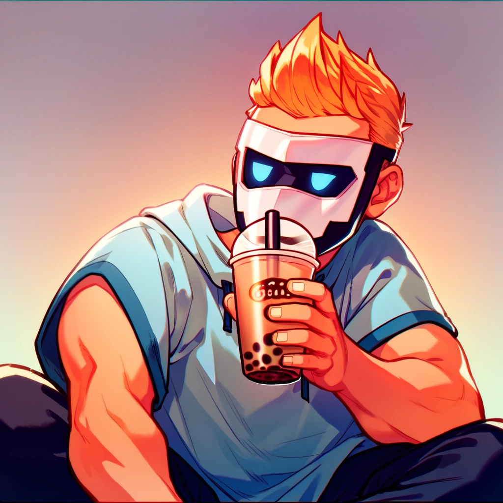 score_9, score_8_up, score_7_up, score_6_up, Silvy-Spark, blue eyes, drink bubble tea, in caffeine, sitting, holding, closed eyes, 1boy, man, mask, holding,