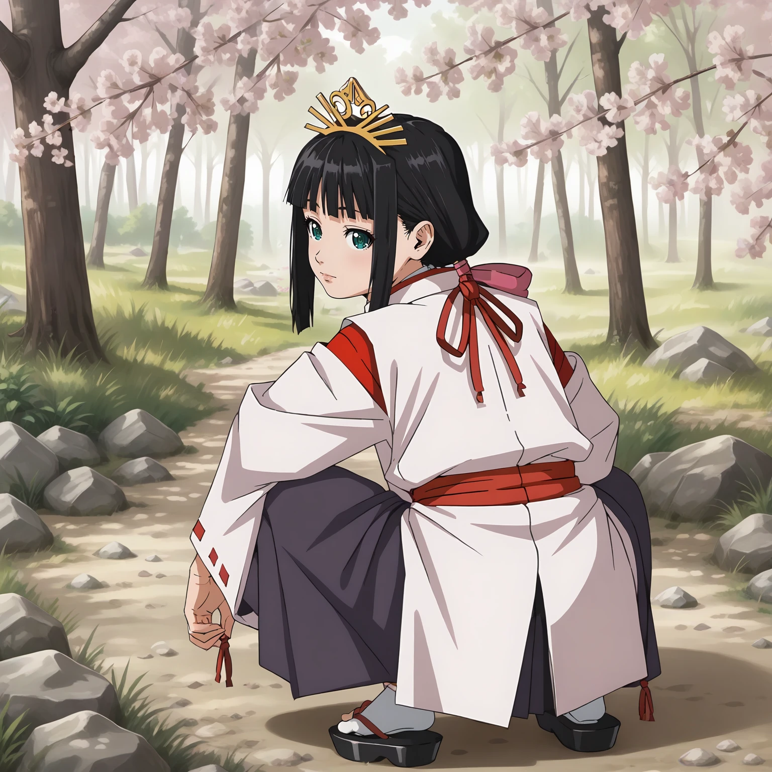 <lora:TES_ShizukuXLpony001:0.8>,
solo,
Shizuku,1girl,black hair,low ponytail,hair ribbon,green eyes,
tiara,
miko,
outdoors,realistic,nature,cherry blossoms,
full body,squatting,hakama,tabi,looking back,