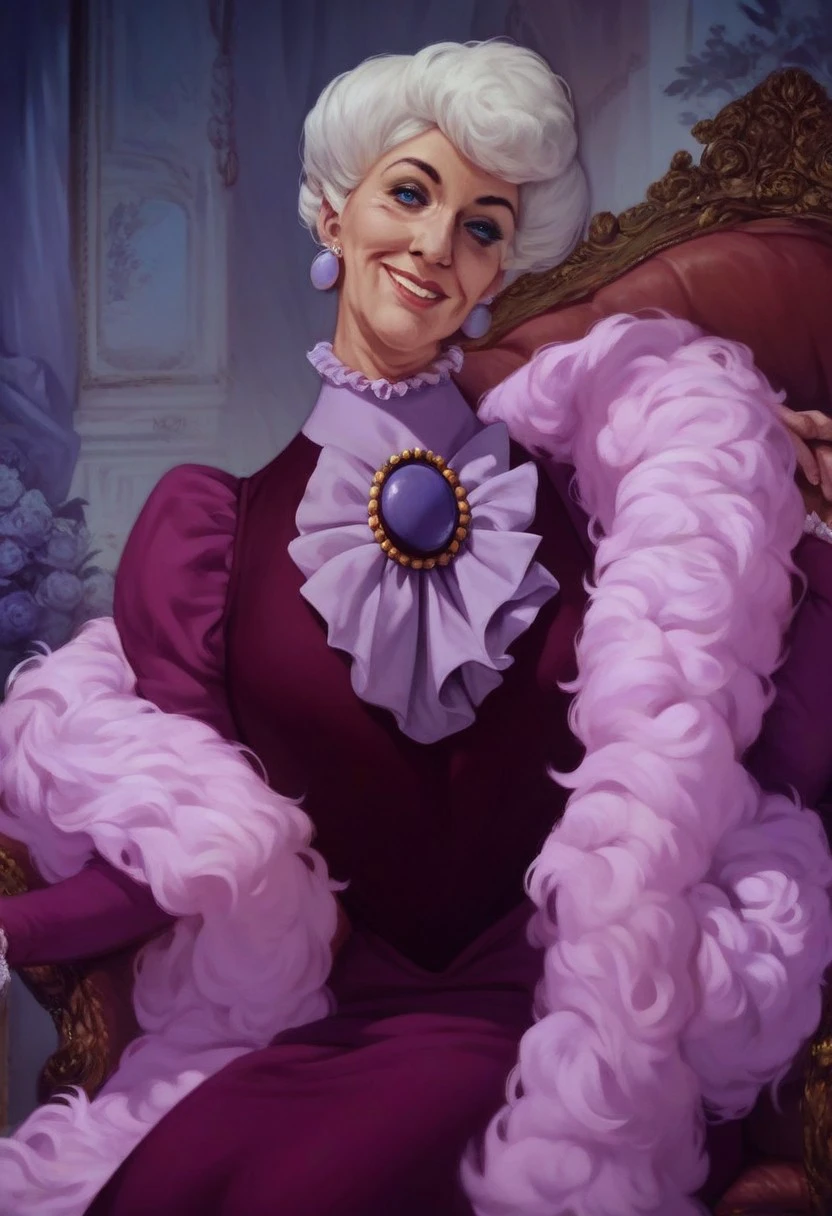 score_9_up, score_8_up, score_7_up, score_6_up, 1 girl, solo, m_adelaide, old woman, blue eyes, earrings, long purple dress, brooch, feather boa, smile, sitting in a beautiful french mansion, (realistic), (painted art:1.2)