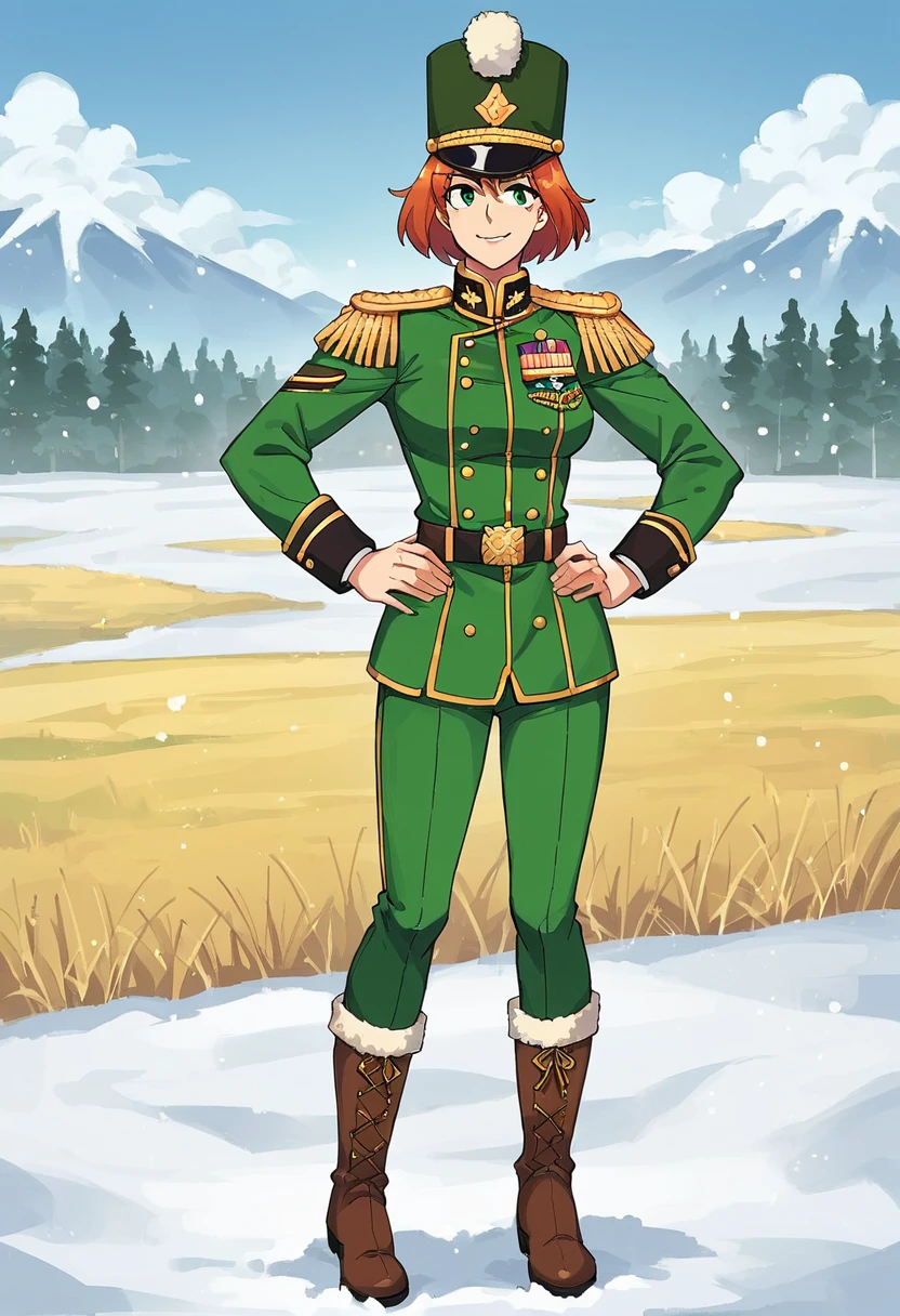 score_9,score_8_up,score_7_up,score_6_Up,source_anime,1girl,<lora:GreenRiflepony:0.9>,solo,greenrifle,military uniform,green jacket,epaulettes,green pants,hat,hands on hips,outdoors,in snowy field,happy,:d,medium breasts,boots,short cinnamon hair,mesyy hair,full body,straight on