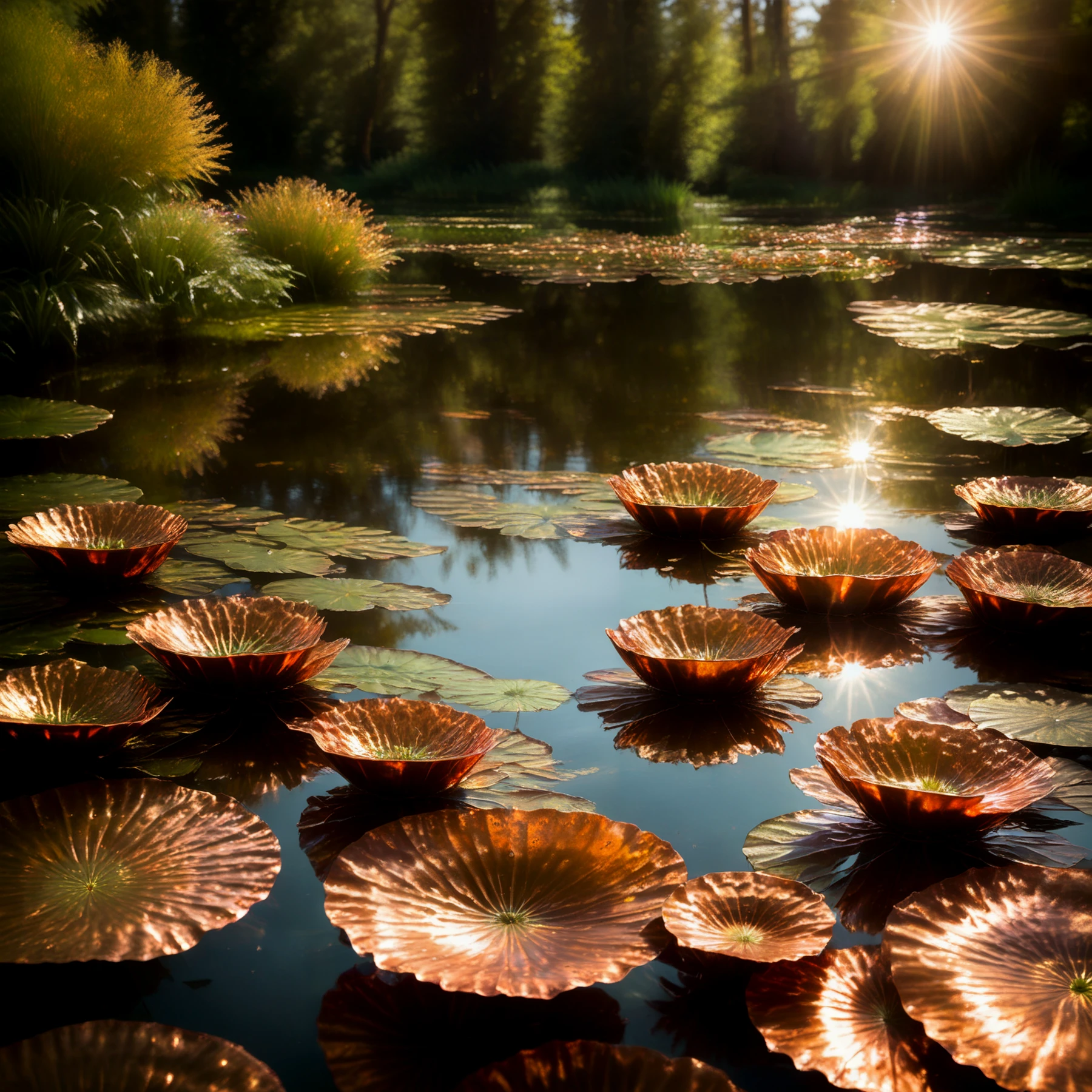 Copper lily pads on a pond. Sunshine.

<lora:MadeOfCopper01_CE_SDXL:1.2>