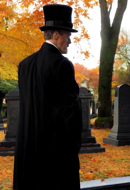 funeral of a man with a top hat, there are intricated details on the tombs, there are many trees with orange leaves as it is fall time