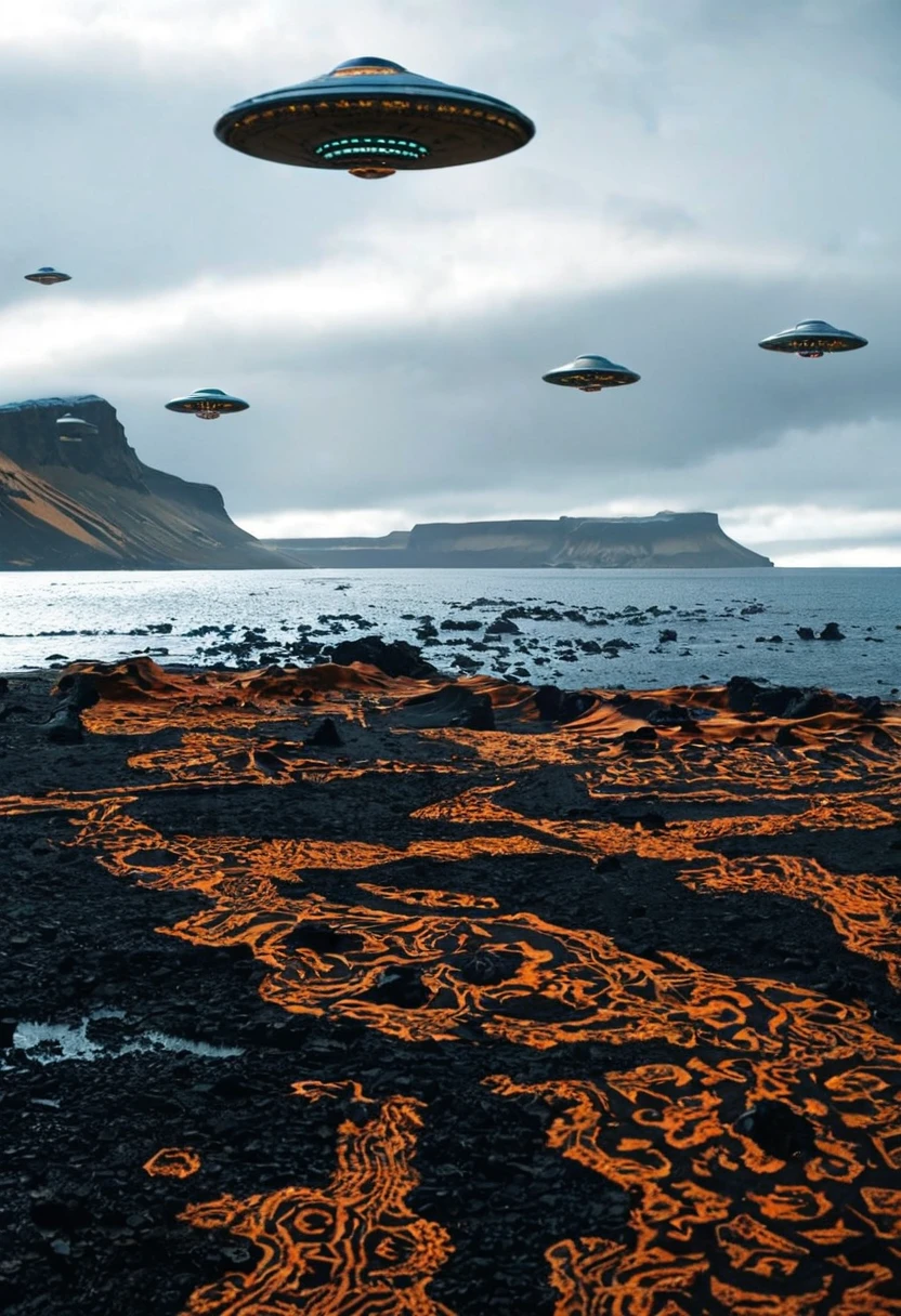 photo of a surrealist landcape with iceland, ufos and psychedelic patterns