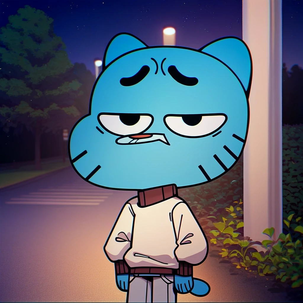 score_9, score_8_up, score_7_up, score_6_up, gumball, black eyes, blue fur, blue cat, cat ears, tan sweater, grey pants, 1boy, solo, headphone, night, park, sad,