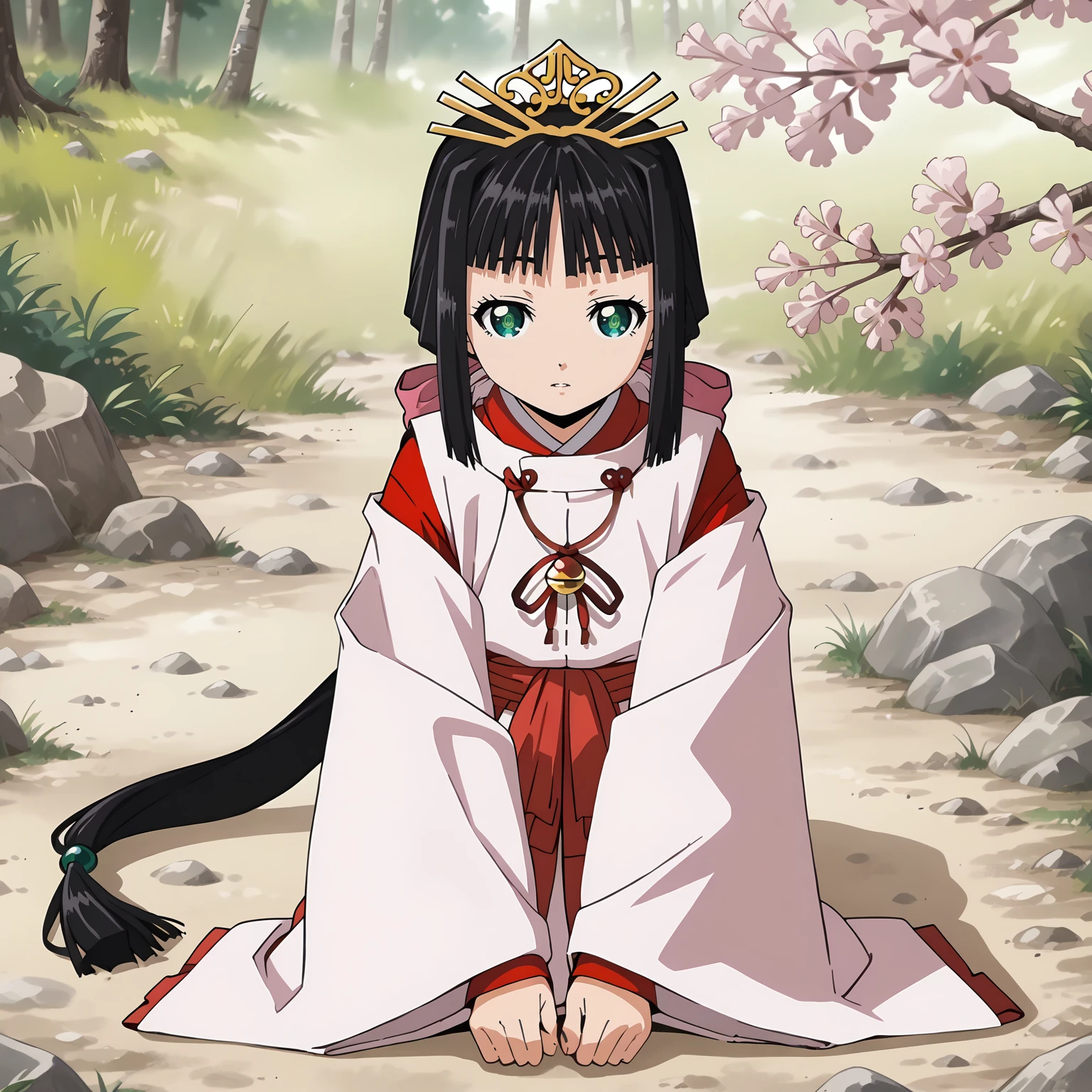 <lora:TES_ShizukuXLpony002>,
parted lips,
solo,
Shizuku,1girl,black hair,low ponytail,hair ribbon,green eyes,
very long hair,
tiara,
miko,
hakama,tabi,
outdoors,nature,cherry blossoms,
all fours,