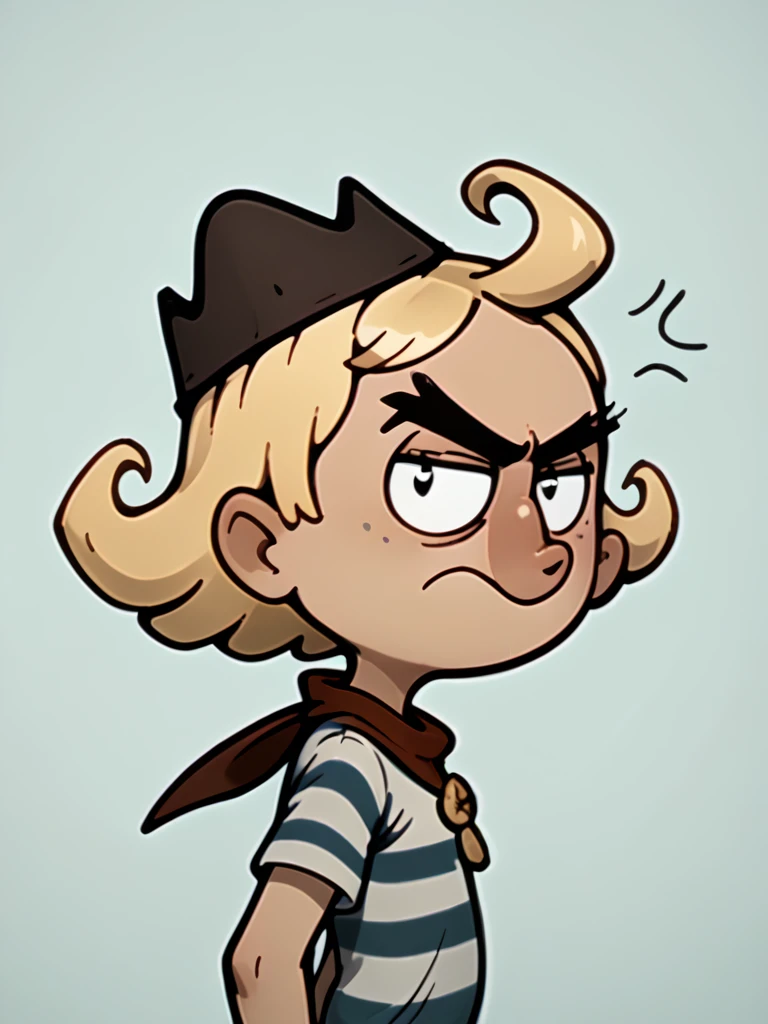 <lora:Kid_Nickels_-_Misadventures_of_Flapjack-10:1>neckerchief, kid_nickels, 1boy, solo, sailor, blond hair, curly hair, green hat, freckles, red scarf,  blue footwear, ahoge, hat, striped shirt, green and gray stripes, male focus, frown, v_eyebrows, anger, looking at viewer, portrait, raised eyebrow, side view, turned to the side,, source_cartoon, score_9, score_8_up, score_7_up,