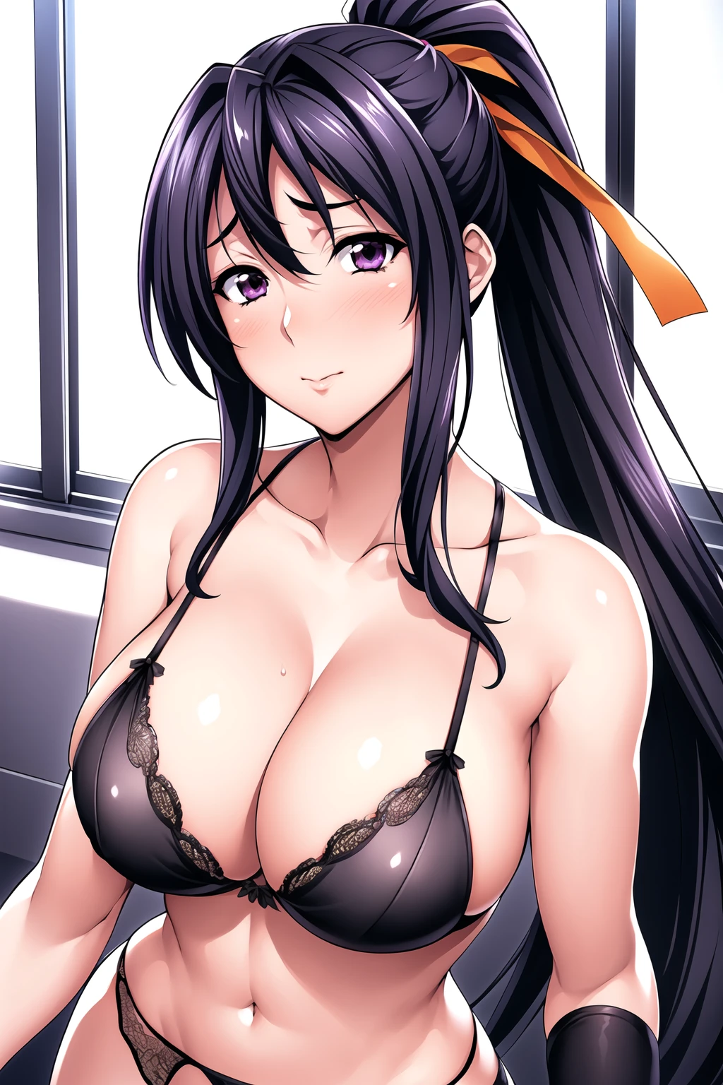 Simple Background,White Background,
dynamic pose,standing at attention,
garter belt, garter straps,thighhighs, underwear, Black bra,Black lingerie,
Black Lace bra,Black lingerie,Black Lace panties, cleavage, collarbone, bare shoulders,navel,pantyhose, 
<lora:Akeno_Himejima_DXD-KK77-V5:0.7>,
purple_eyes,Purple_hair,Bangs,Yellow hair Ribbon,long hair, high ponytail,
<lora:more_details:0.1>,<lora:Oda_Non_Style-KK77-V2:0.3>,
1 girl, 20yo,Young female,Beautiful long legs,Beautiful body,
Beautiful Nose,Beautiful character design, perfect eyes, perfect face,expressive eyes,perfect balance,
looking at viewer,(Focus on her face),closed mouth, (innocent_big_eyes:1.0),(Light_Smile:0.3),
official art,extremely detailed CG unity 8k wallpaper, perfect lighting,Colorful, Bright_Front_face_Lighting,White skin,
(masterpiece:1.0),(best_quality:1.0), ultra high res,4K,ultra-detailed,
photography, 8K, HDR, highres, absurdres:1.2, Kodak portra 400, film grain, blurry background, bokeh:1.2, lens flare, (vibrant_color:1.2),professional photograph,
(Beautiful,large_Breasts:1.4), (beautiful_face:1.5),(narrow_waist),