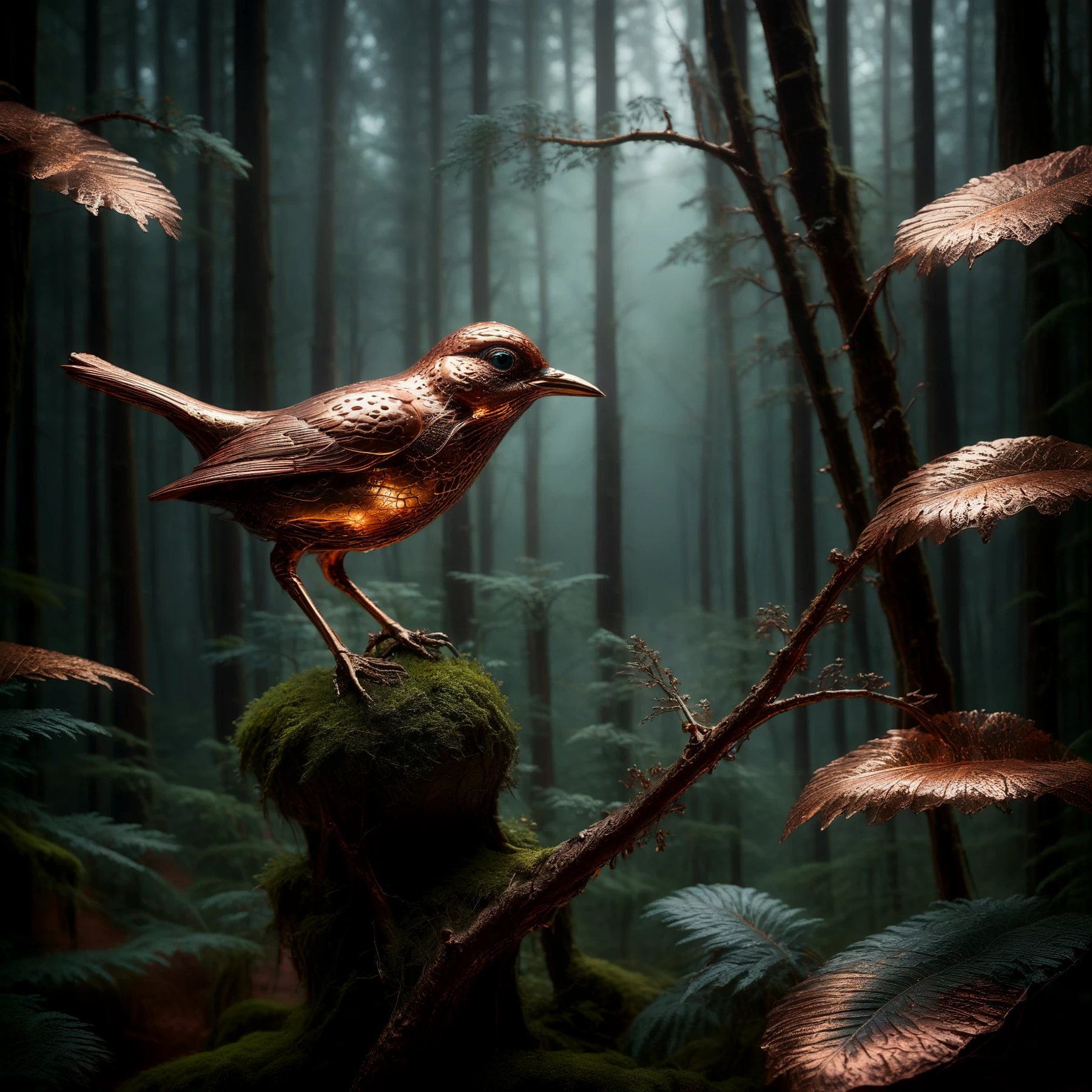 A magnificently detailed copper bird on a branch in a misty forest.

<lora:MadeOfCopper01_CE_SDXL:1.2>