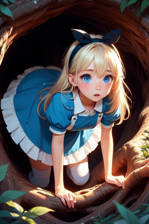 ((tree hole)), ((tree cave)), alice costume, blonde hair, long hair, black hairband, puff short sleeves, blue eyes, blue dress, white apron, white thighhighs, black mary janes, sweat, parted lips, mushroom, 1girl, shy, blush, slim figure, dark, night, <lora:girlliketreehole:0.8>