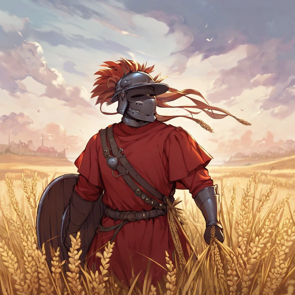 score_9,score_8_up,score_7_up, a spanish man wearing armor and helmet  in a wheat field, red shirt, red tunic, holding a big shield, outdoors, hills, sunset