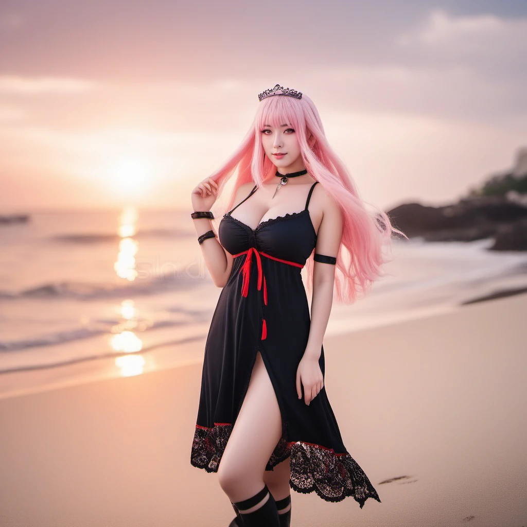 cinematic photo full body portrait 1girl,  virtual youtuber, pink long hair, large breasts, navel, thighhighs, cleavage, sundress, beach, sunset <lora:MoriCalliope1024:0.8> . 35mm photograph, film, bokeh, professional, 4k, highly detailed