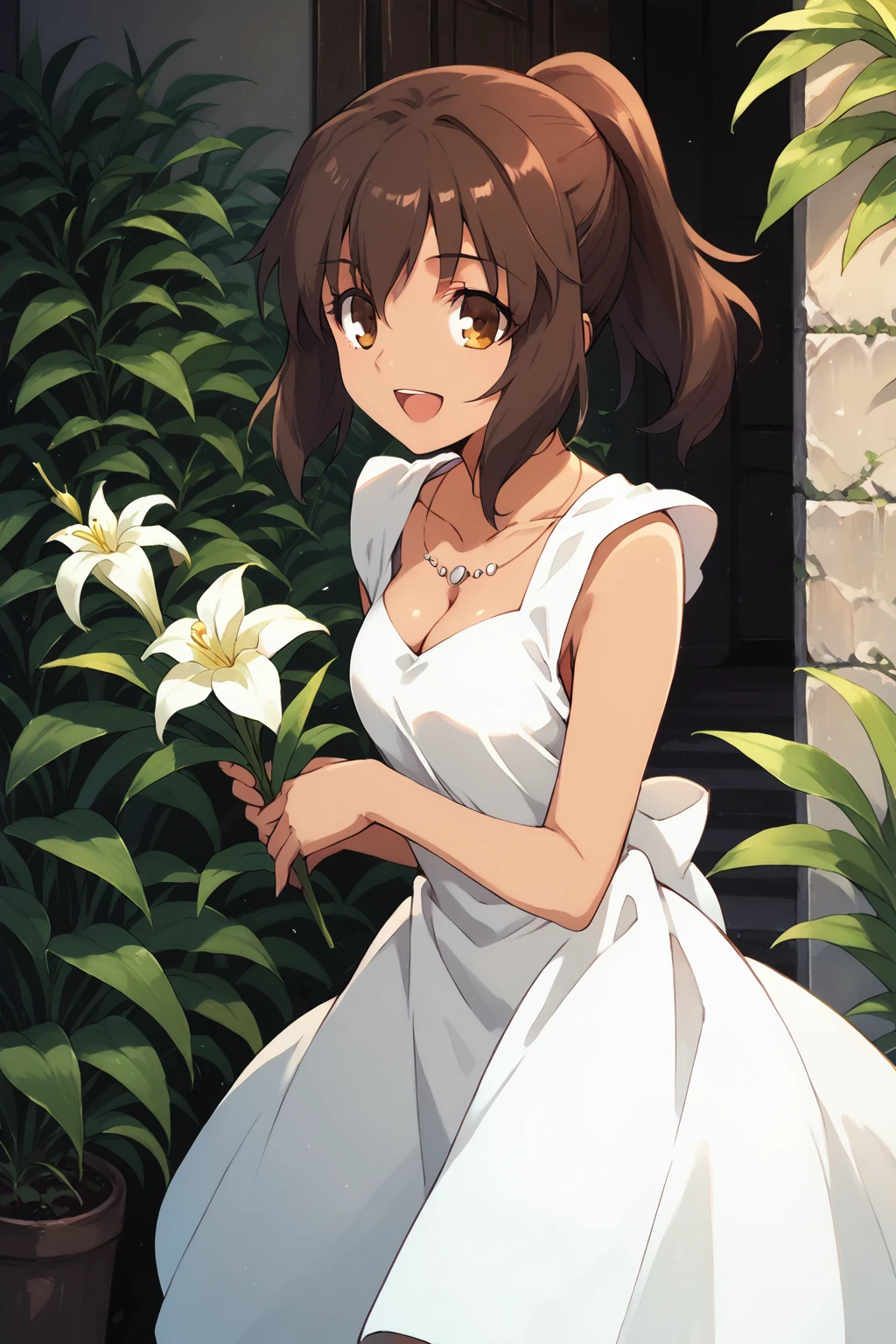 score_9, score_8_up, score_7_up, , score_ANIME, fateshirley, 1girl, solo, brown hair, short ponytail, brown eyes, white dress, sleeveless, cleavage, cowboy shot, necklace, holding flower, open mouth, dark skin, , smile, lily \(flower\), holding lily <lora:shirley_fate_pony:1>