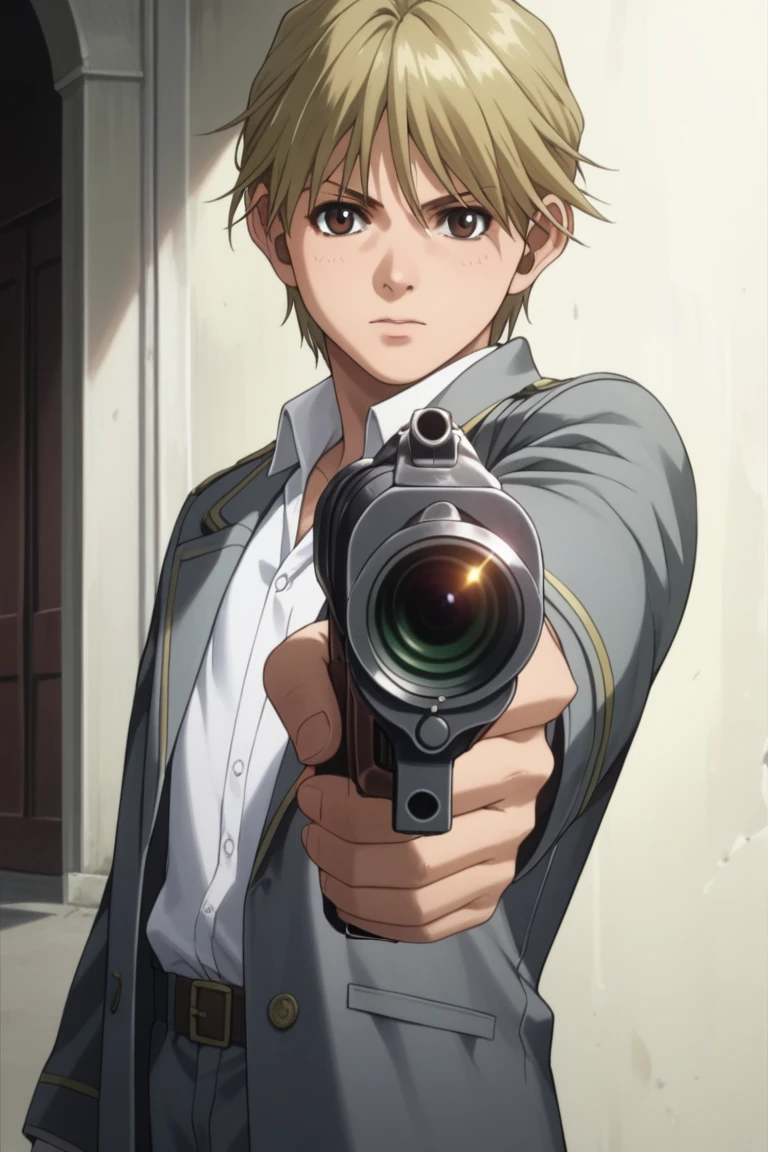 score_9, score_8_up, score_7_up, score_6_up, detailed, intricate details,best quality ,source_anime, cowboy shot,
garcia lovelace, blonde hair, brown eyes, white shirt, grey jacket, weapon, solo, gun, 1boy, male focus, aiming at viewer, holding weapon, looking at viewer, handgun, holding, holding gun<lora:EMS-423730-EMS:1.000000>