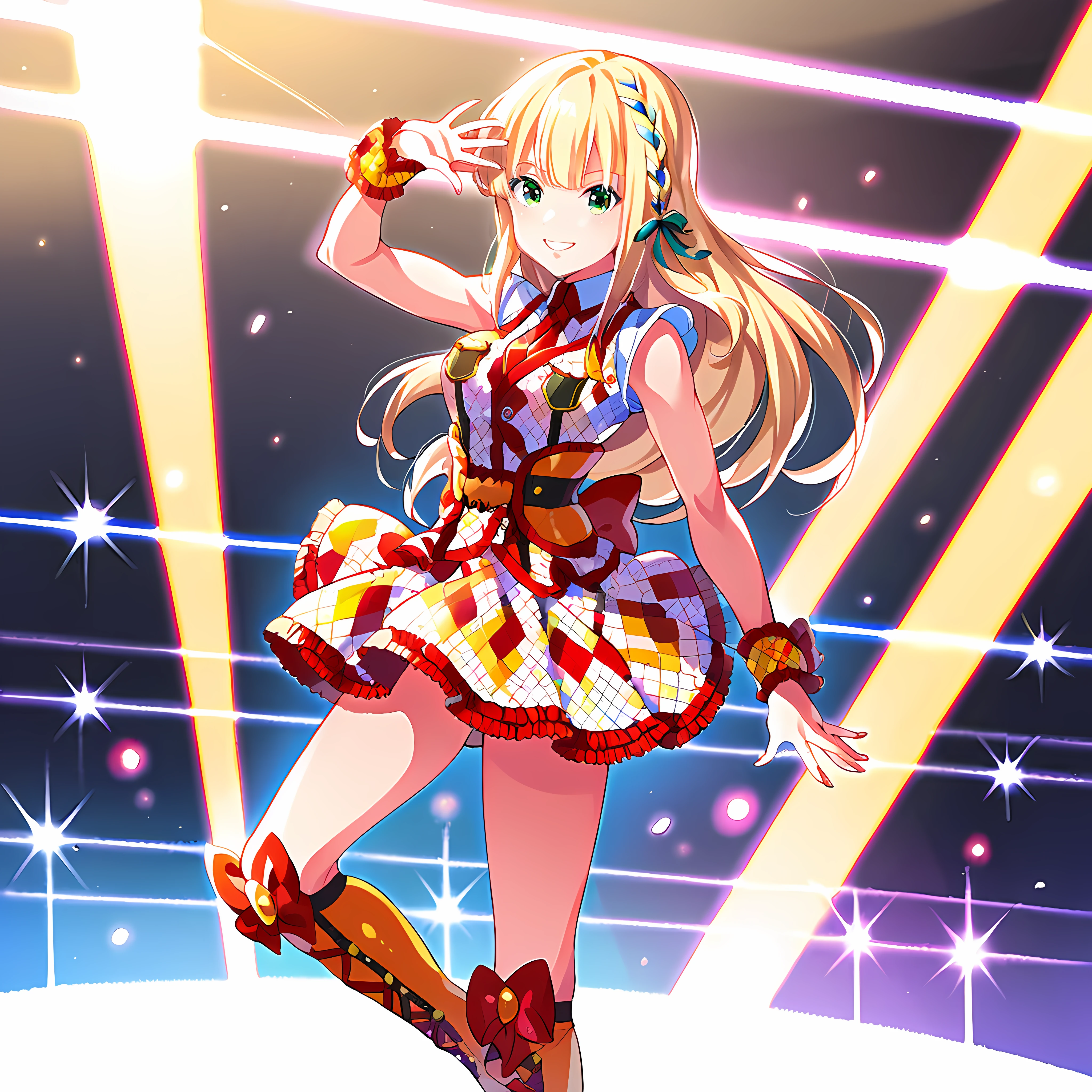 score_9,score_8_up,concert stage,
1girl, solo, ichinoserei2, smile, idolypride dress, idoly wrist cuffs, re2idoly hair ribbon, idoly kneeboots, looking at viewer, standing,
