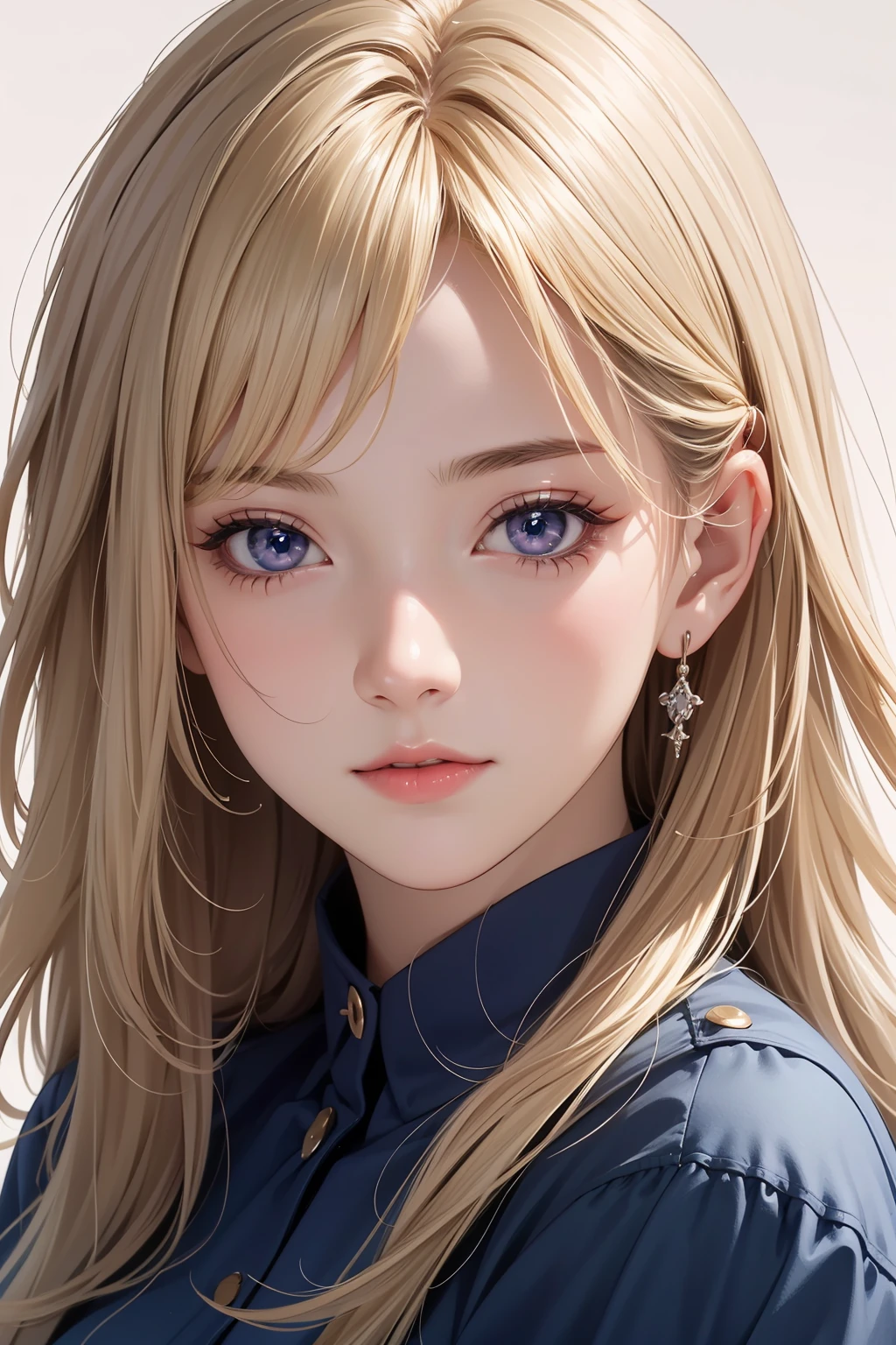 1girl, upper body, best quality, RAW photo, 16k wallpaper, extremely detailed CG, amazing, ultra detailed, hyperrealistic, official art, High quality texture, incredibly absurdres, highres, 18 years old, cute girl, blonde hair, beautiful face, detailed dark indigo eyes