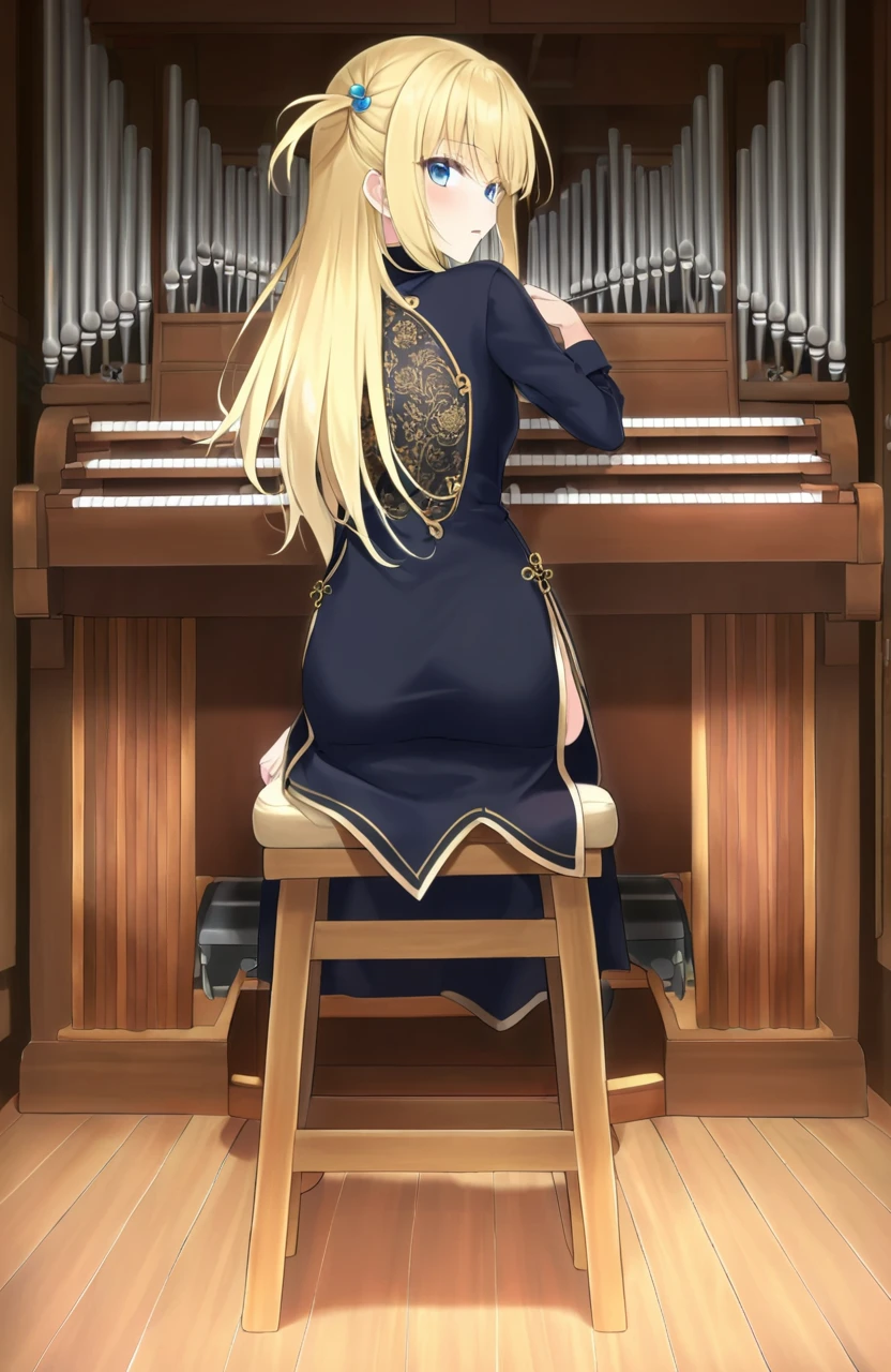 1girl,azuuru, macaroni hourensou,
solo,blonde hair,long hair,one side up,blue eyes,on back,back turned,looking back,china dress,on stool, organ keys,organ pipe,organ \(instrument\), <lora:organXL:1>, masterpiece, newest, absurdres,safe