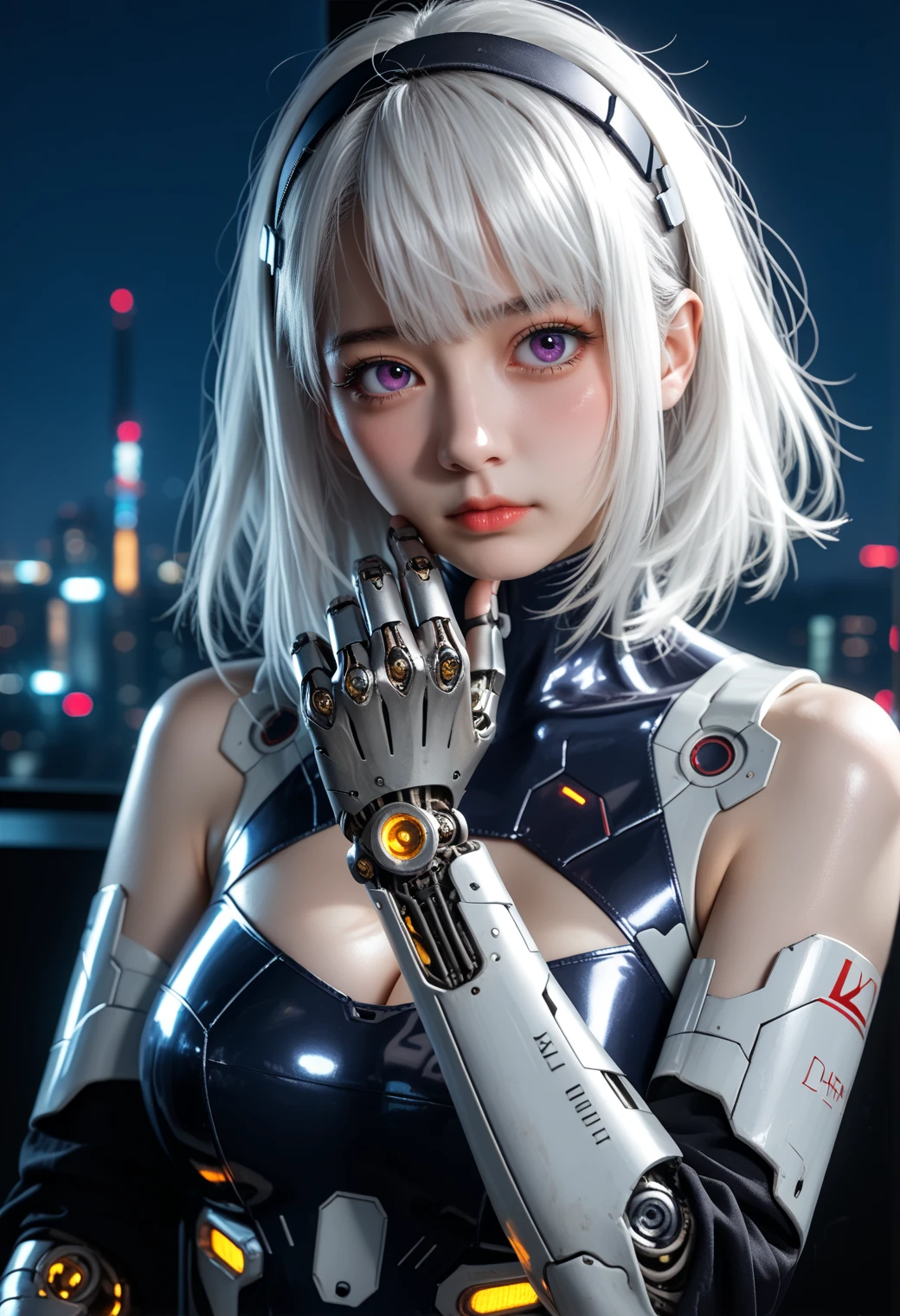 1girl,solo,looking at viewer,medium hair,bangs,hairband,purple eyes,hair ornament,hair between eyes,white hair,fluffy hair,large_breasts,blush shy,shiny_skin,very detailed clothes,very realistic textures,very detailed textures,longeyelashes,brown eye shadow,
night,dim light,cyberpunk,mechanical arm,sci-fi style clothes,hair_tucking,metal material,realistic metallic texture,hands,raise your hand,