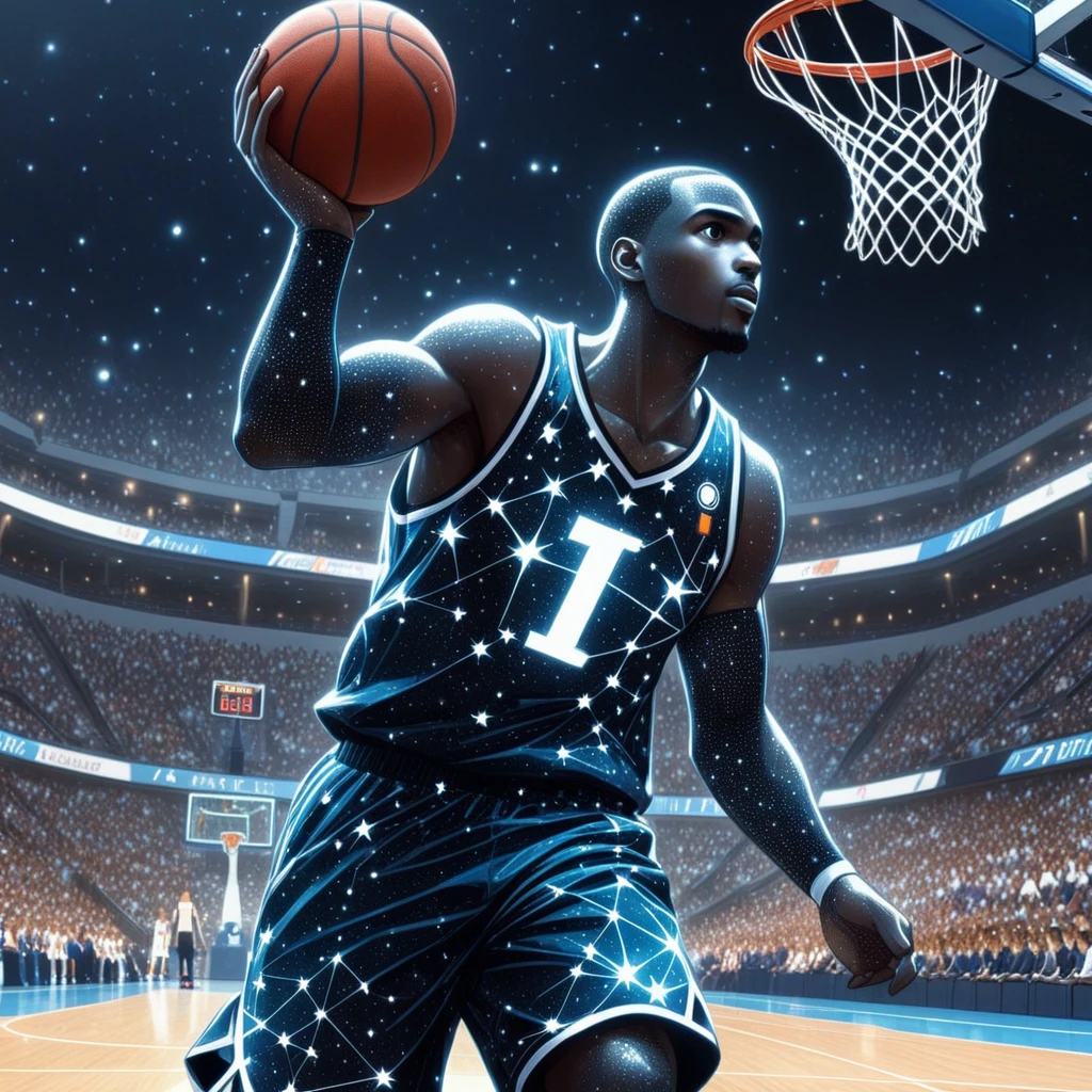 <lora:Starry_Morph:1> starry_morph man playing basketball, (anime, masterpiece, intricate:1.3), (best quality, hires textures, high detail:1.2), (4k),(incredibly detailed:1.4),UHD, 8K, ultra detailed