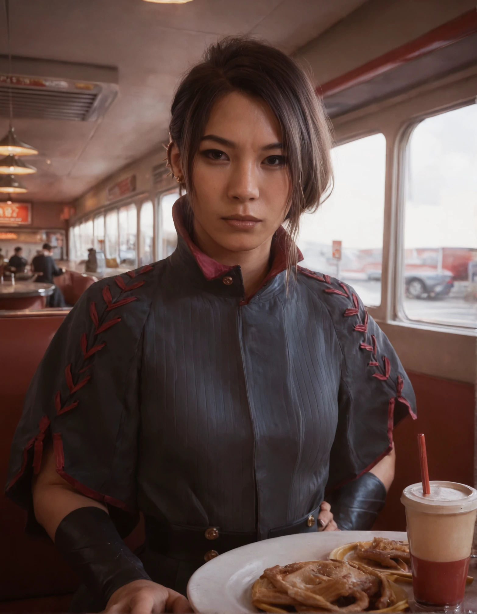 score_9, score_8_up, score_7_up,score_6_up,haymar,high resolution,3d,photo,realistic,asian,1girl,brown hair,hair bun,earrings,black jacket,long sleeves,boots, volumetric lighting,rim lighting,dramatic shadow,diner,upper body,dynamic pose,looking at viewer,pov,front view,hand on hips,sitting