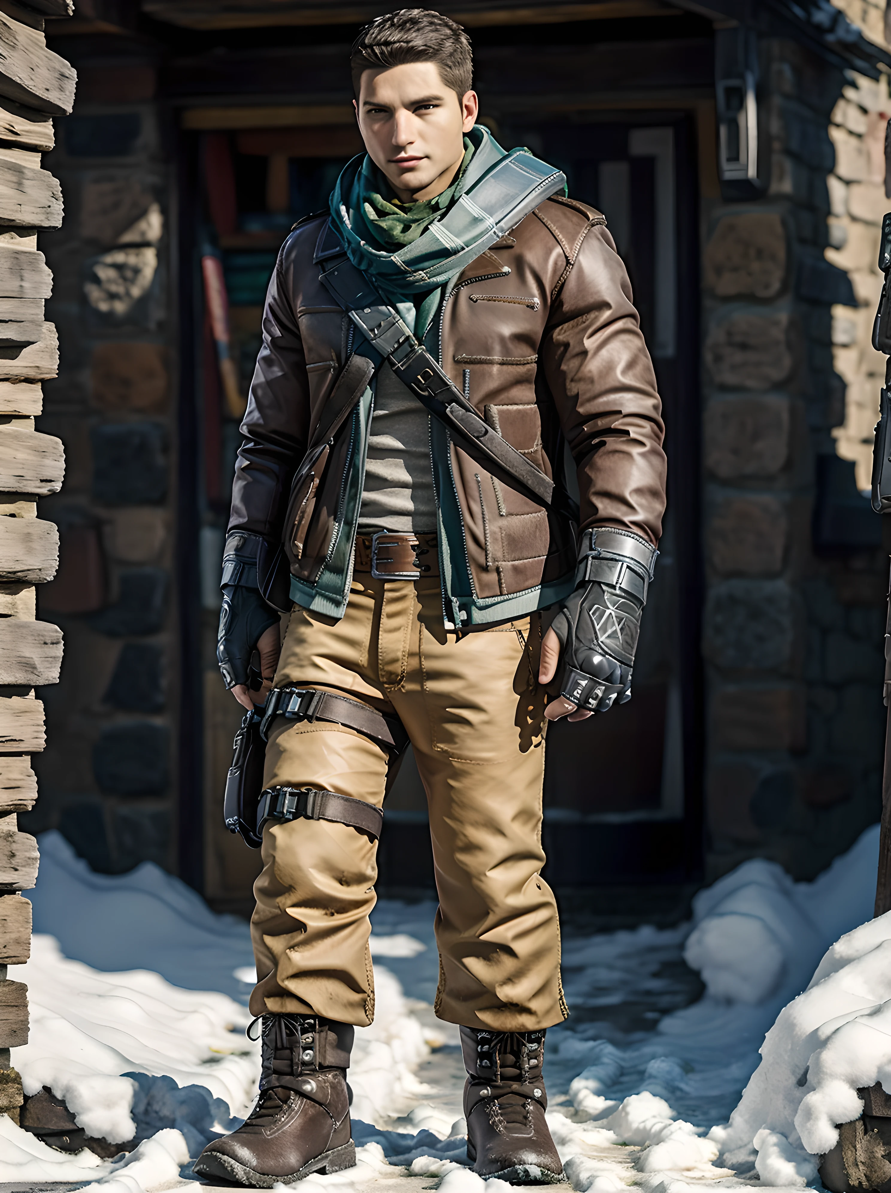 <lora:JD_Fenix:0.8> jd_fenix, standing, looking at viewer, jacket, very short hair, (muscular:1.1), long pants, town, snow, winter, scarf, belt, gloves