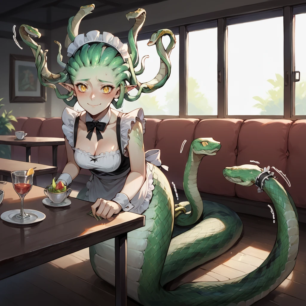 score_9, score_8_up, score_7_up,warm lighting,
pointy ears, snake hair, yellow eyes, slit pupils,
maid outfit, lamia, blushing, embarrassed, trembling, wavy smile, looking at viewer,
cafe background,
BloodwrackMedusa,
<lora:Bloodwrack_Medusa:1>