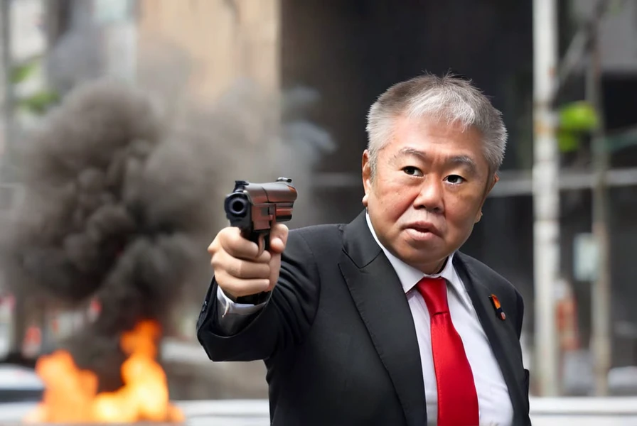 <lyco:Kazuhiro_Haraguchi:1.0>, highly detailed professional 8k raw photography, best hyperrealistic quality backgrounds, volumetric real-time lighting and shadows, middle-aged,  old man, asian, gray hair, wearing  black suit and red tie, white shirts under the black suit, Asian, (Kazuhiro Haraguchi) holding and shooting hand gun, muzzle flash, close up, burning city backgrounds