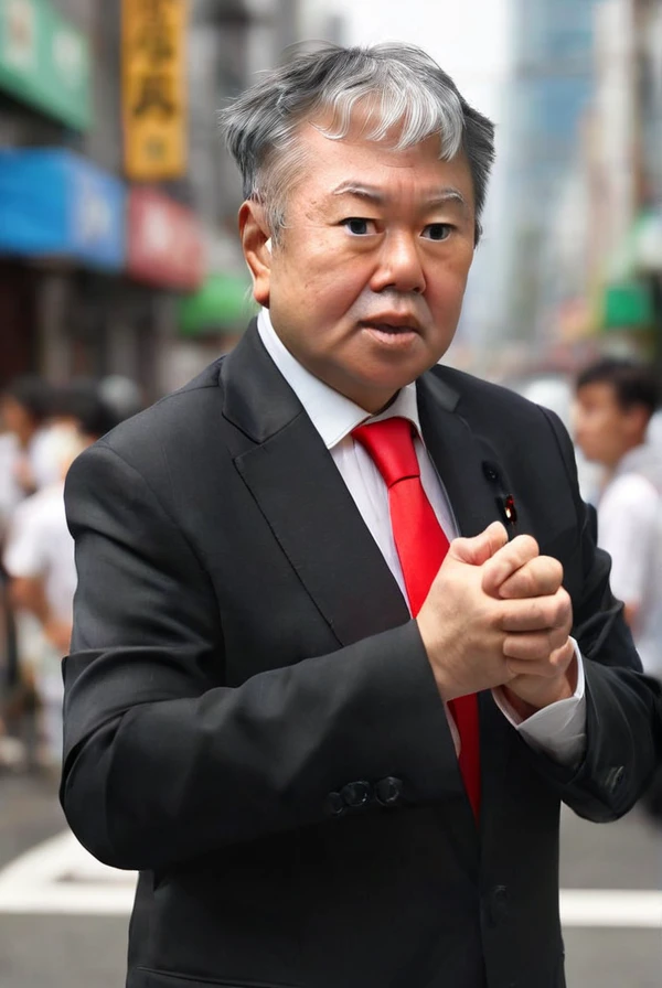 <lyco:Kazuhiro_Haraguchi:1.0>, highly detailed professional 8k raw photography, best hyperrealistic quality backgrounds, volumetric real-time lighting and shadows, middle-aged,  old man, asian, gray hair, wearing  black suit and red tie, white shirts under the black suit, Asian, (Kazuhiro Haraguchi) standing, fighting pose, close up, city backgrounds