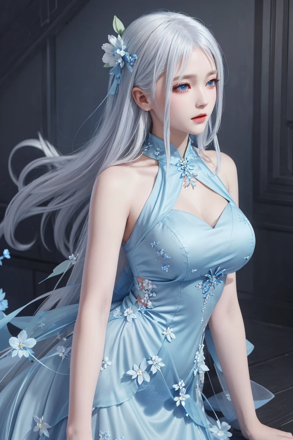 masterpiece,best quality,1girl,women,solo,hips up,upper body,closed mouth,accessories,long white hair,blue eyes,blue dress,flower dress,sleeveless,jewelry,<lora:more_details:0.3>,<lora:narakazaiji:0.6>,