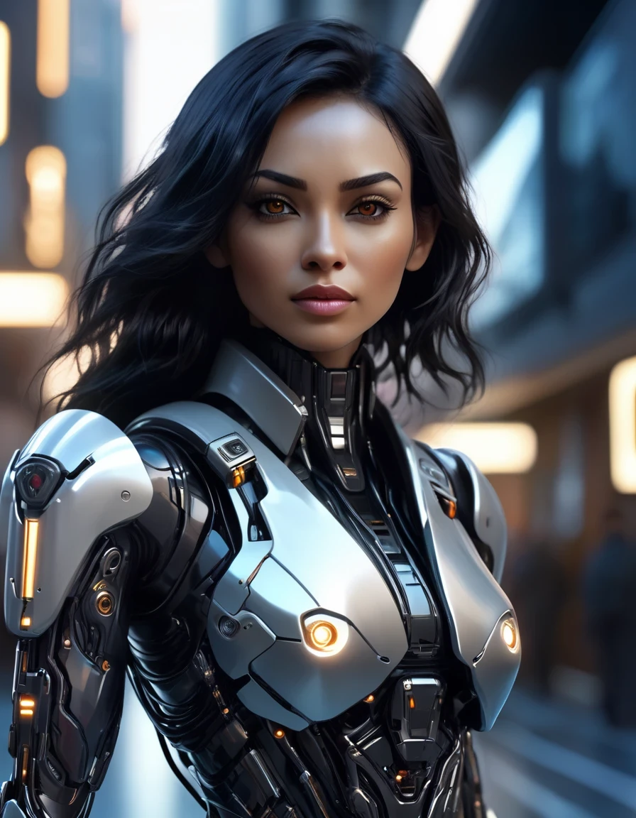 An ultra-realistic digital illustration of a beautiful cyborg woman wearing a white porcelain-like futuristic armor suit, striking glowing golden eyes, very detailed pupils, amber lips gloss, pointing a white porcelain-like gun to her viewer. She has black hair, pixie haircut. This breathtaking digital illustration is highly detailed and in the style of Ghost in the Shell, Cyberpunk and Dreamwave, hyper-maximalism, sharp focus, cinematic, HDR, 8k, final render