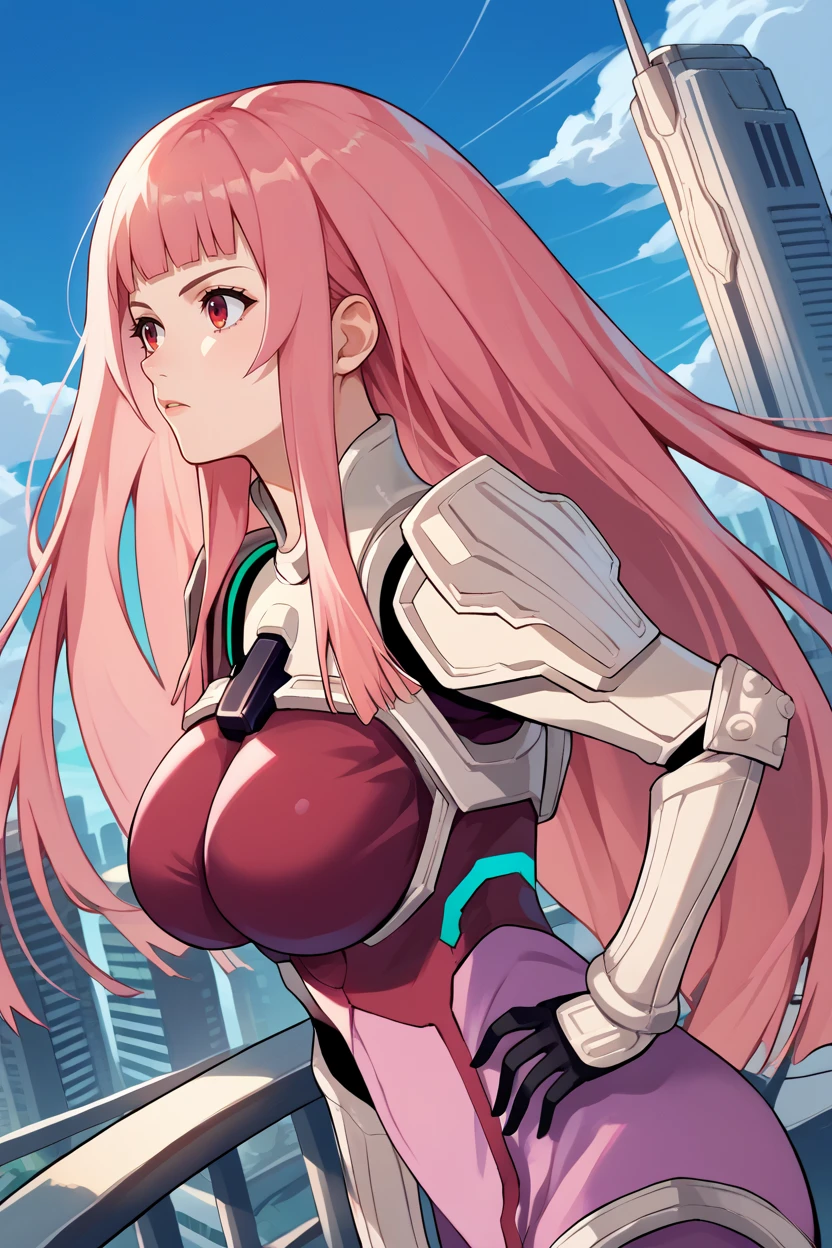 score_9, score_8_up, score_7_up, score_6_up, source_anime, 1girl, solo,   <lora:zoeken-pdxl-nvwls-v1-000008:1> zoeKen, pink hair, long hair, red eyes, blunt bangs, pink bodysuit, black gloves, shoulder pads, gauntlets, large breasts, blue sky, clouds, city, futuristic, looking up, from side, hand on hip