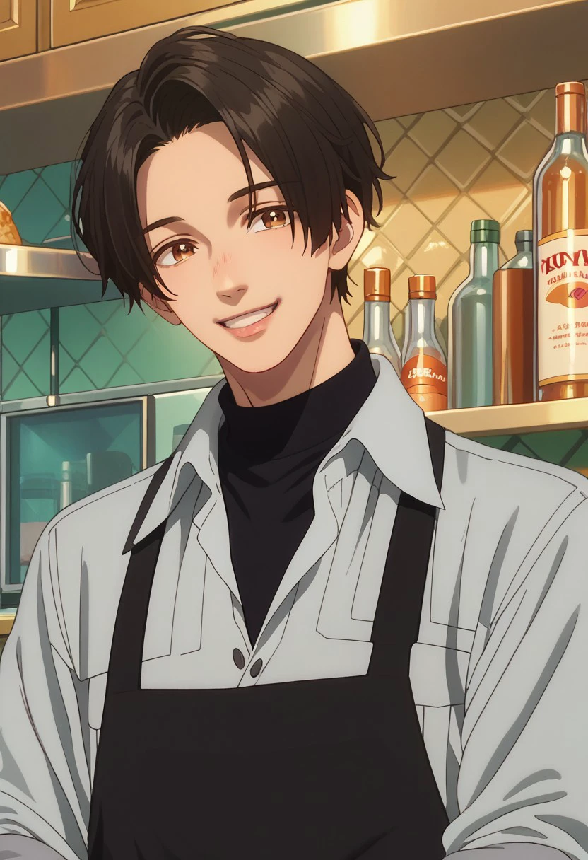 score_9, score_8_up, score_7_up, source_anime, rating_safe, Kyofection, 1boy, male focus, anime screencap, black apron, collared grey shirt, black turtleneck, sleeves rolled up, smile,